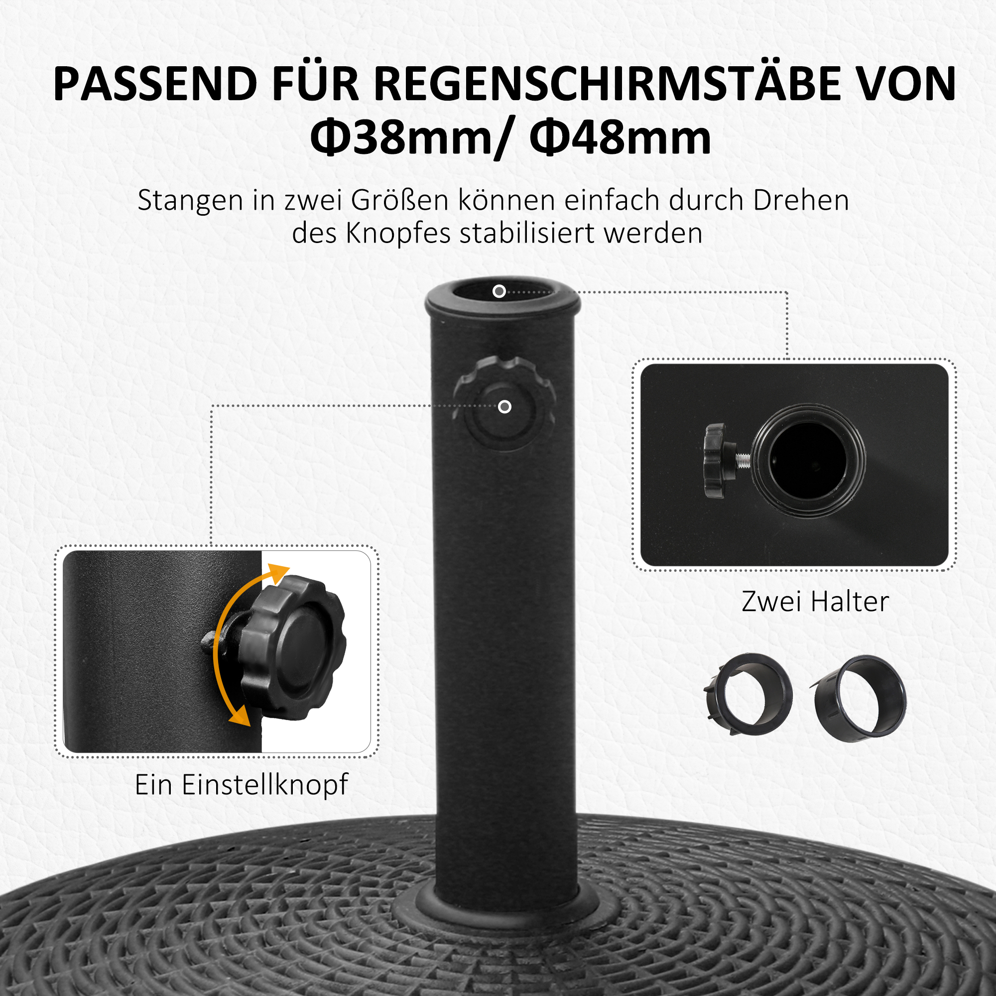 Sonnenschirmständer 25kg Schirmständer mit Rollen rund Rattanoptik Ständer für Schirmstangen mit Ø38/48 mm Ständer für Garten, Balkon, Schwarz