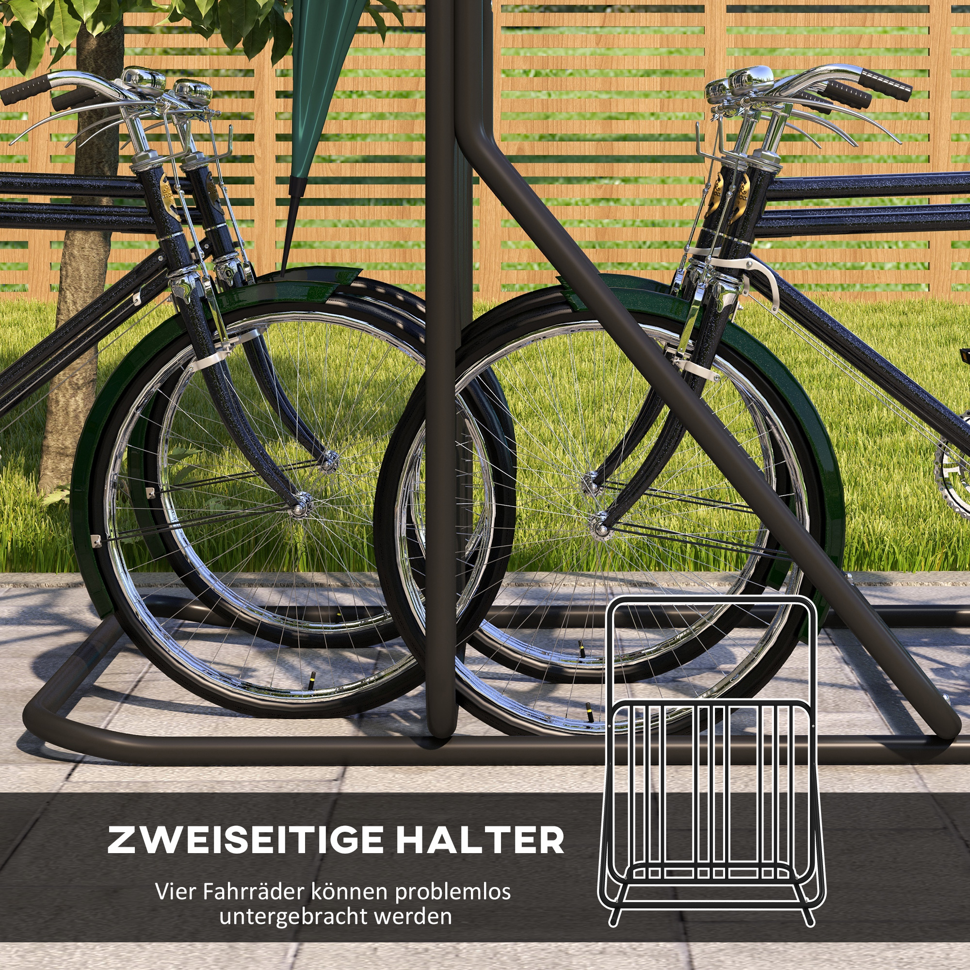 Fahrradständer für 4 Fahrräder, wetterbeständig, zusätzliche Halterung, 102 x 92 x 130 cm, Schwarz