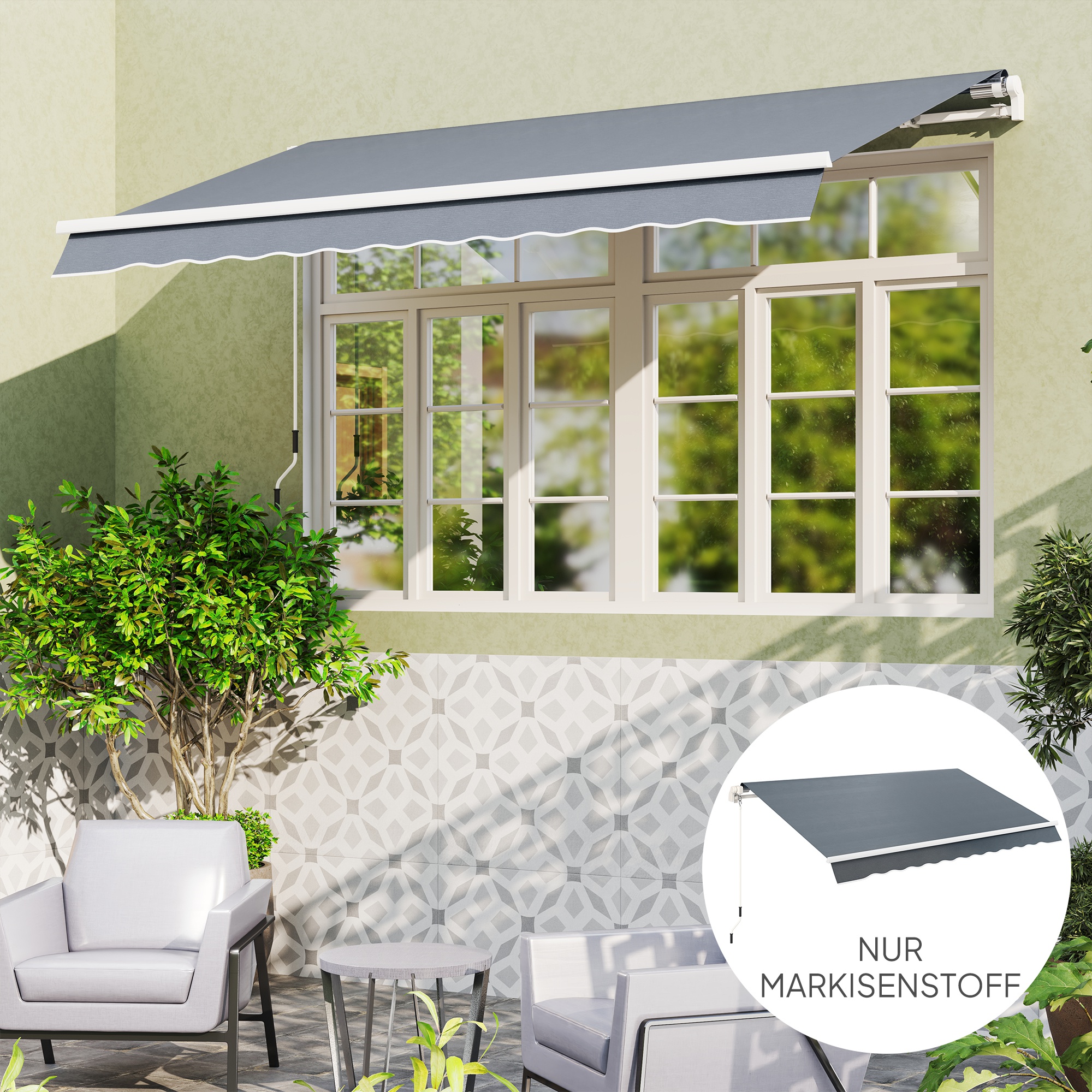 Markisenbespannung Markisenstoff mit Volant Wasserabweisend Ersatzstoff für 4 x 3  m Markisen Grau