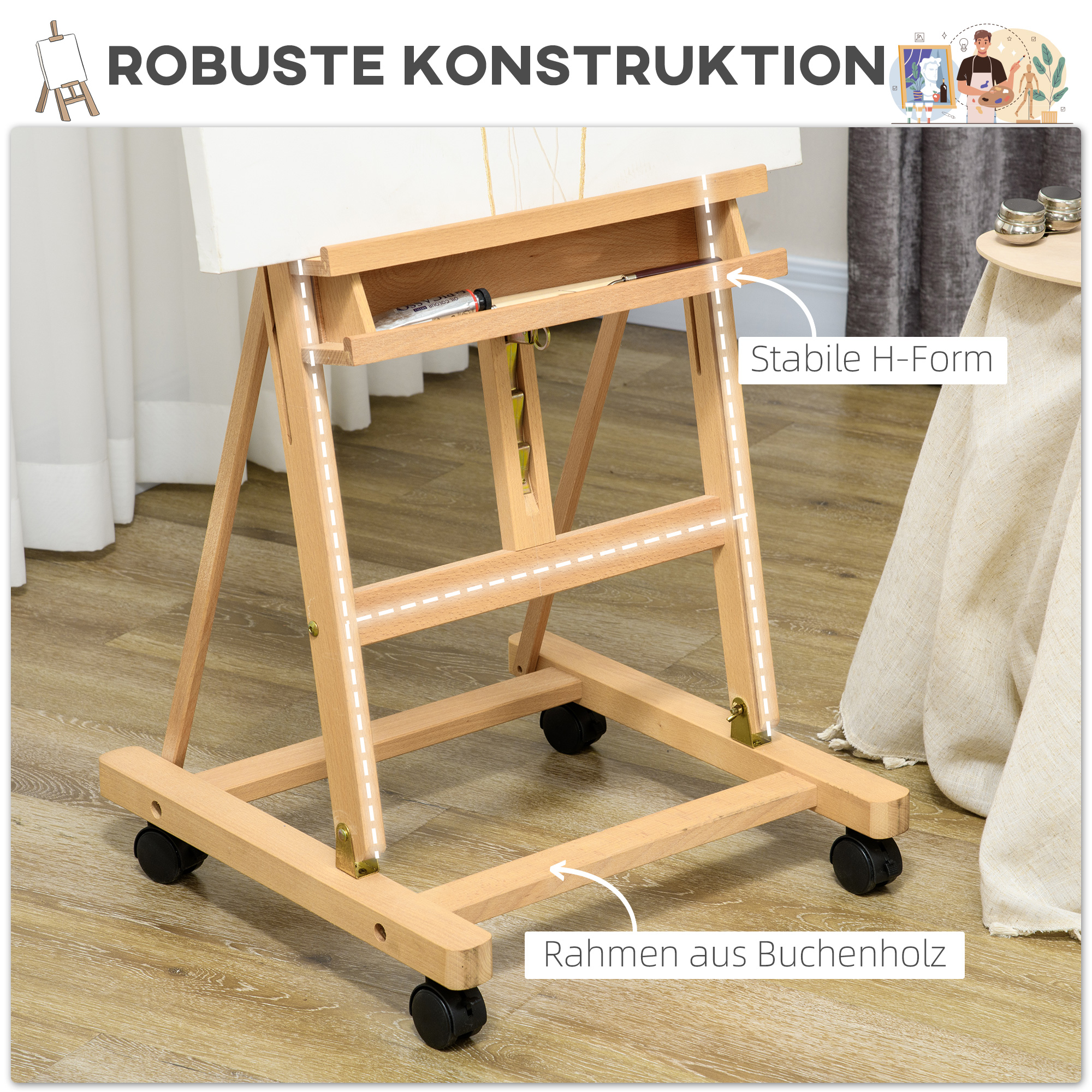 Staffelei, Künstlerstaffelei, Höhenverstellbar, 4 Rollen, Natur + Schwarz