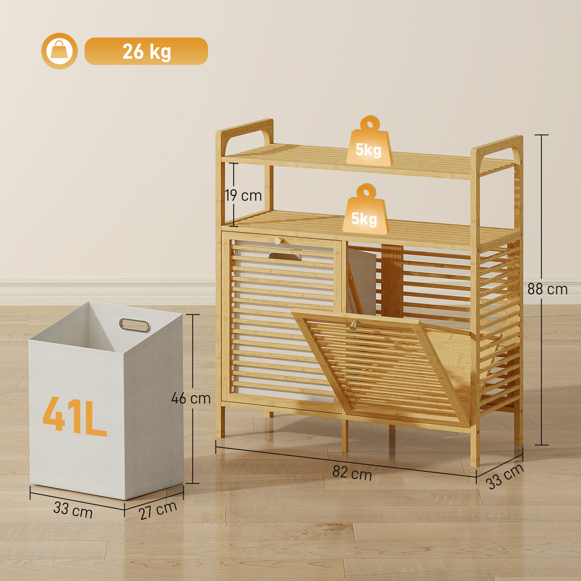 Wäscheregal mit 2 Wäschekörben, freistehendes Bambusregal für Badezimmer, Waschküche, Naturholz+Cremeweiß
