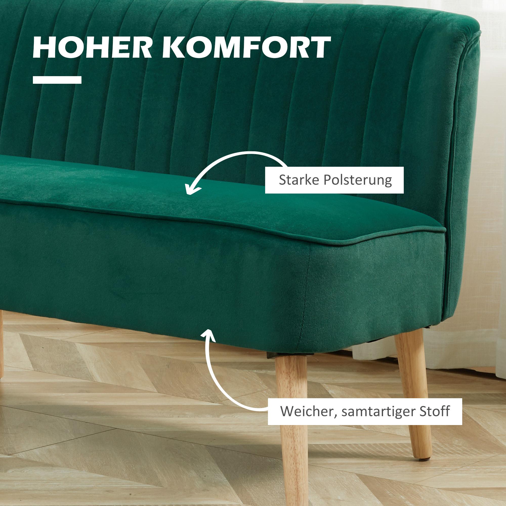 Sofa Retrodesign 2-Sitzer-Sofa, Holzbeine, 117 cm x 56,5 cm x 77 cm, Dunkelgrün