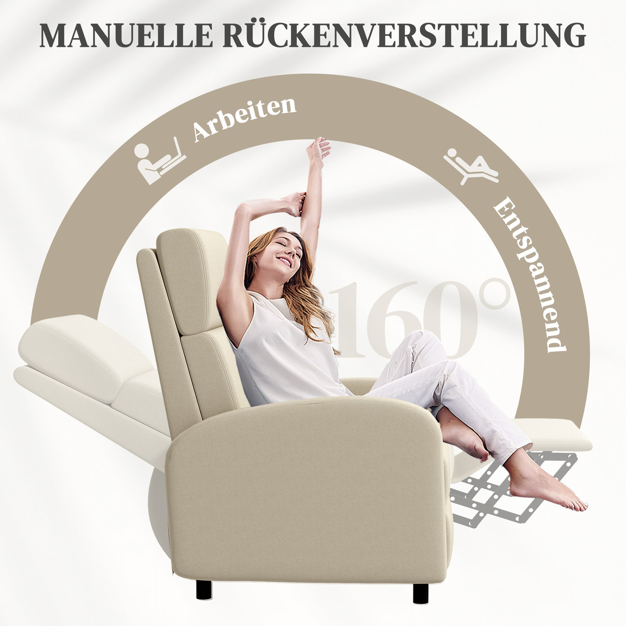 Relaxsessel Fernsehsessel, ausklappbare Fußstütze, neigbar bis zu 160°, 64 x 86 x 102 cm, Creme