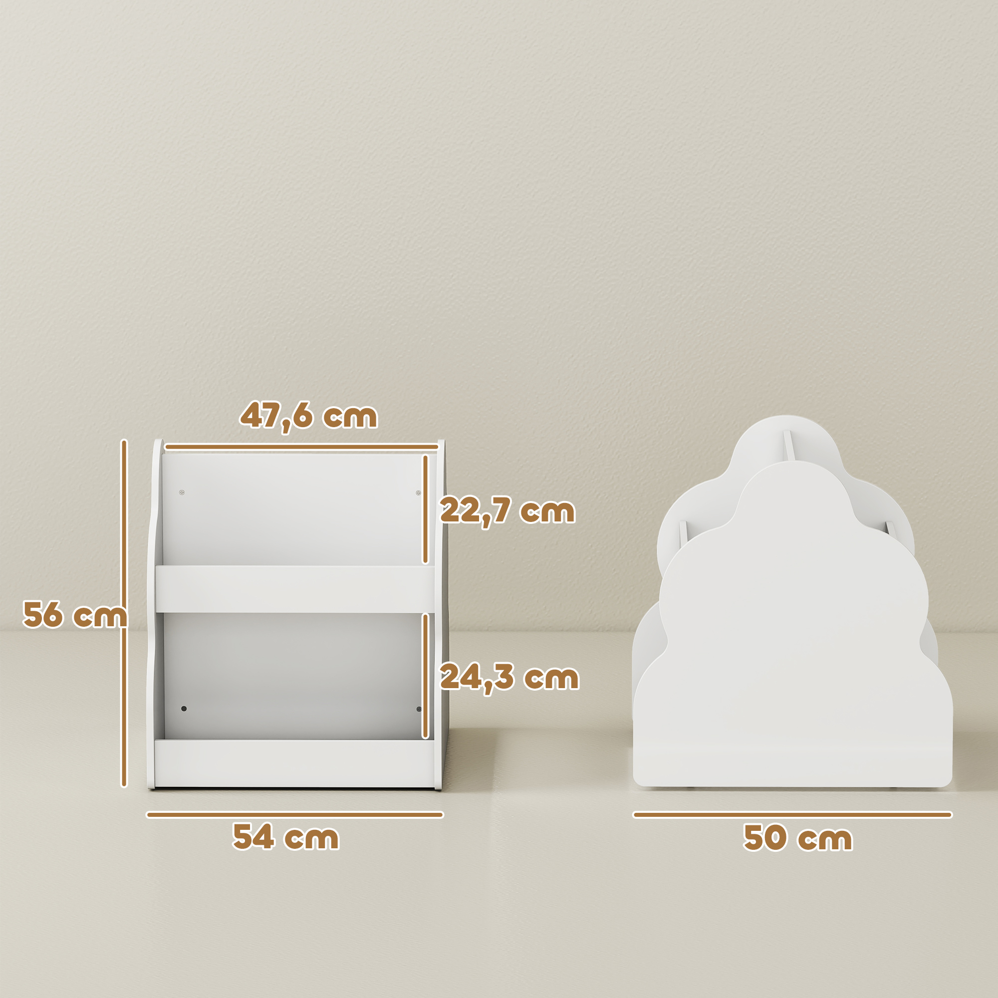 Kinderregal, 2-stöckiges Kinder-Bücherregal mit Rädern, 4 Regalen, für Kinderzimmer, Spielzimmer, 54x50x56 cm, Weiß