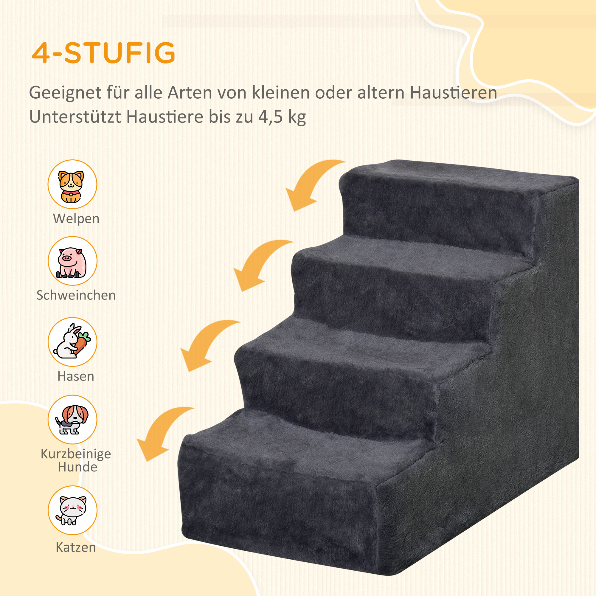 Hundetreppe 4-Stufig Abnehmbarer Bezug Für Kleine Hunde 44 cm Dunkelgrau