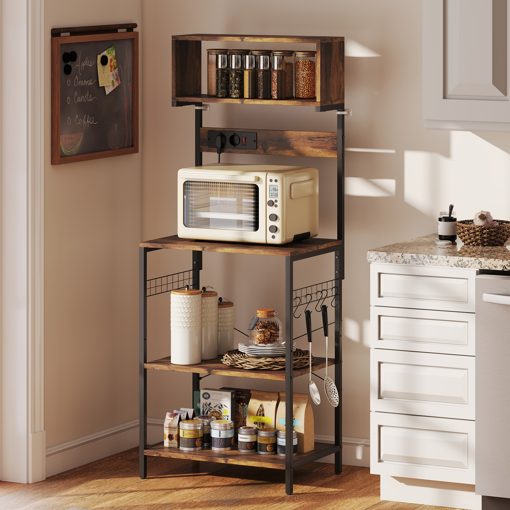 Küchenregal, Standregal mit 5 S-Haken, 5 Ablagen, Steckdose, aus Stahl, Rustikal-Braun, 60 x 42 x 153 cm
