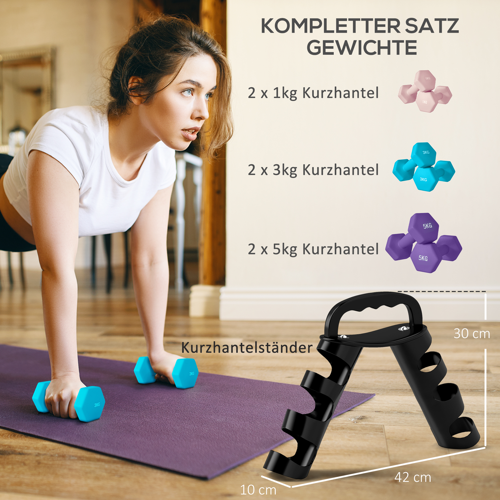 Hantelset mit Aufbewahrungsgestell, Set mit 6 Hanteln für Fitness-Training, 2 x 1kg, 2 x 3kg, 2 x 5kg