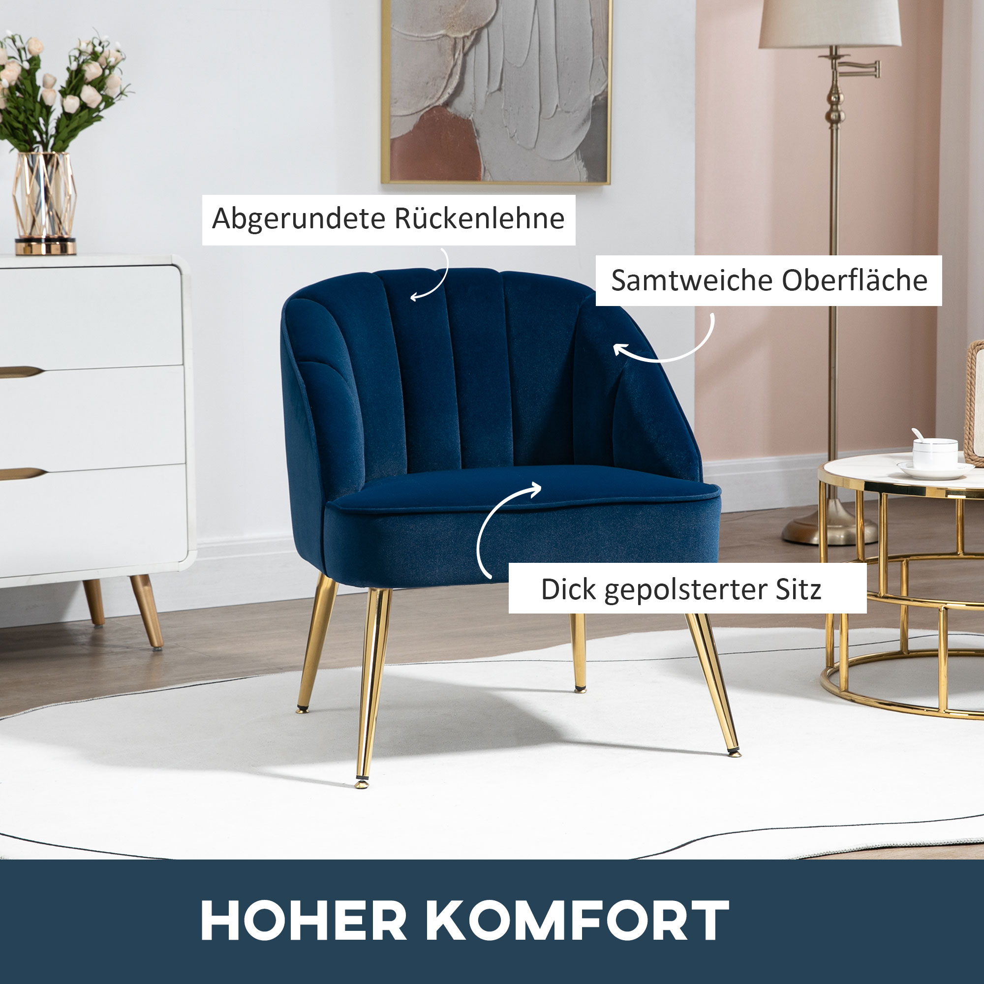 Sessel in Retrodesign, Lesesessel, Akzentsessel, Samtoptik, Blau + Gold