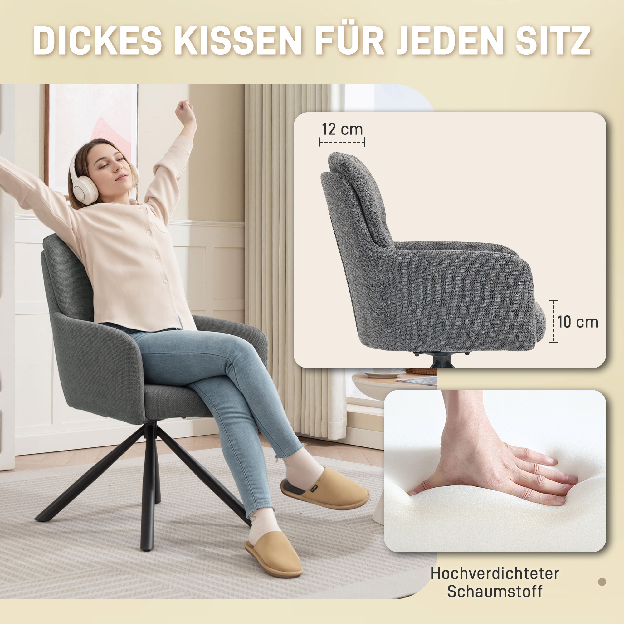 Gepolsterter Esszimmerstuhl, Küchenstuhl mit dicker Polsterung, Armlehnen, Metallbeine, Grau