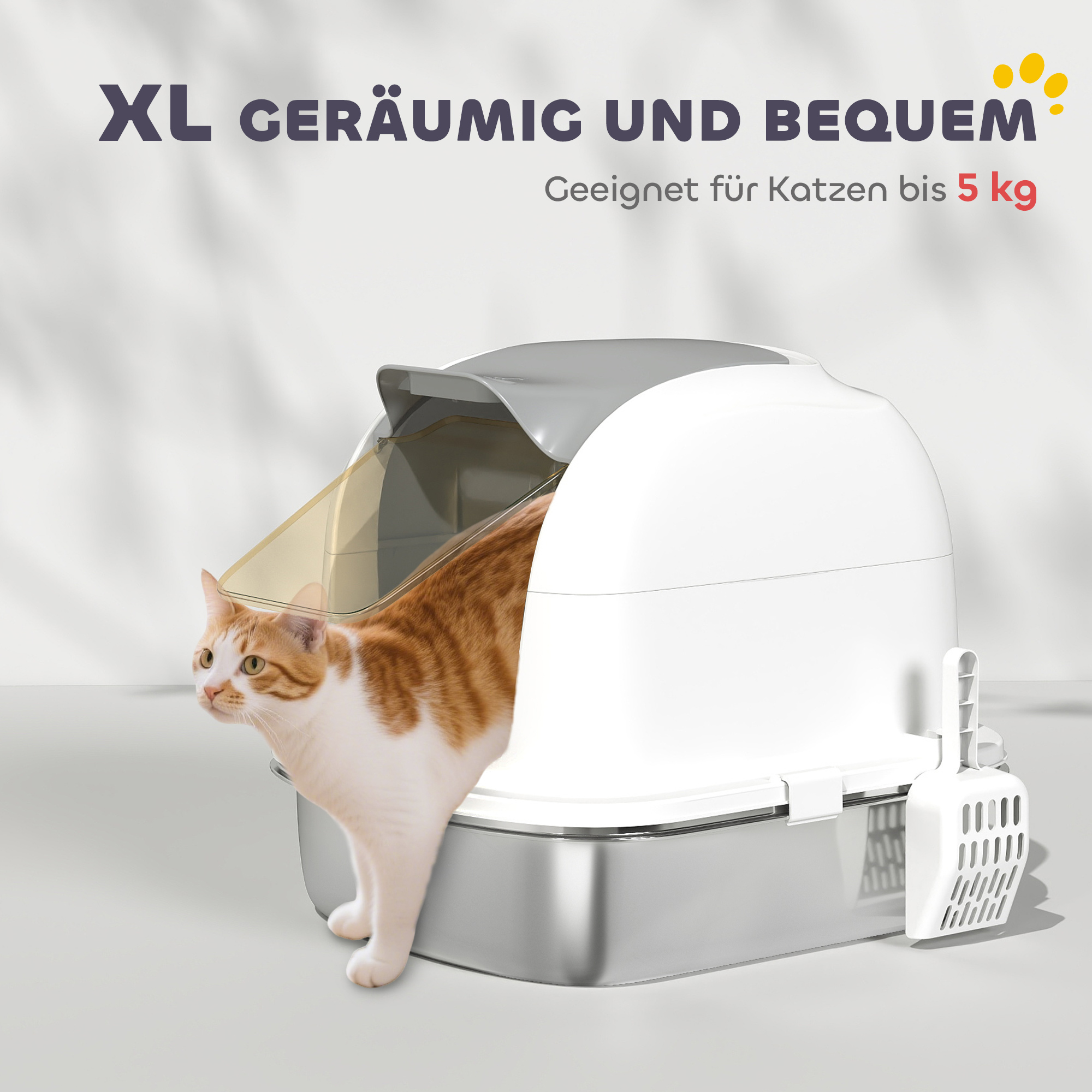 Katzenklo Edelstahl mit Deckel, Katzentoilette mit Wanne, Streuschaufel, für Katze unter 5 kg, 52,4 x 41,3 x 42 cm, Weiß