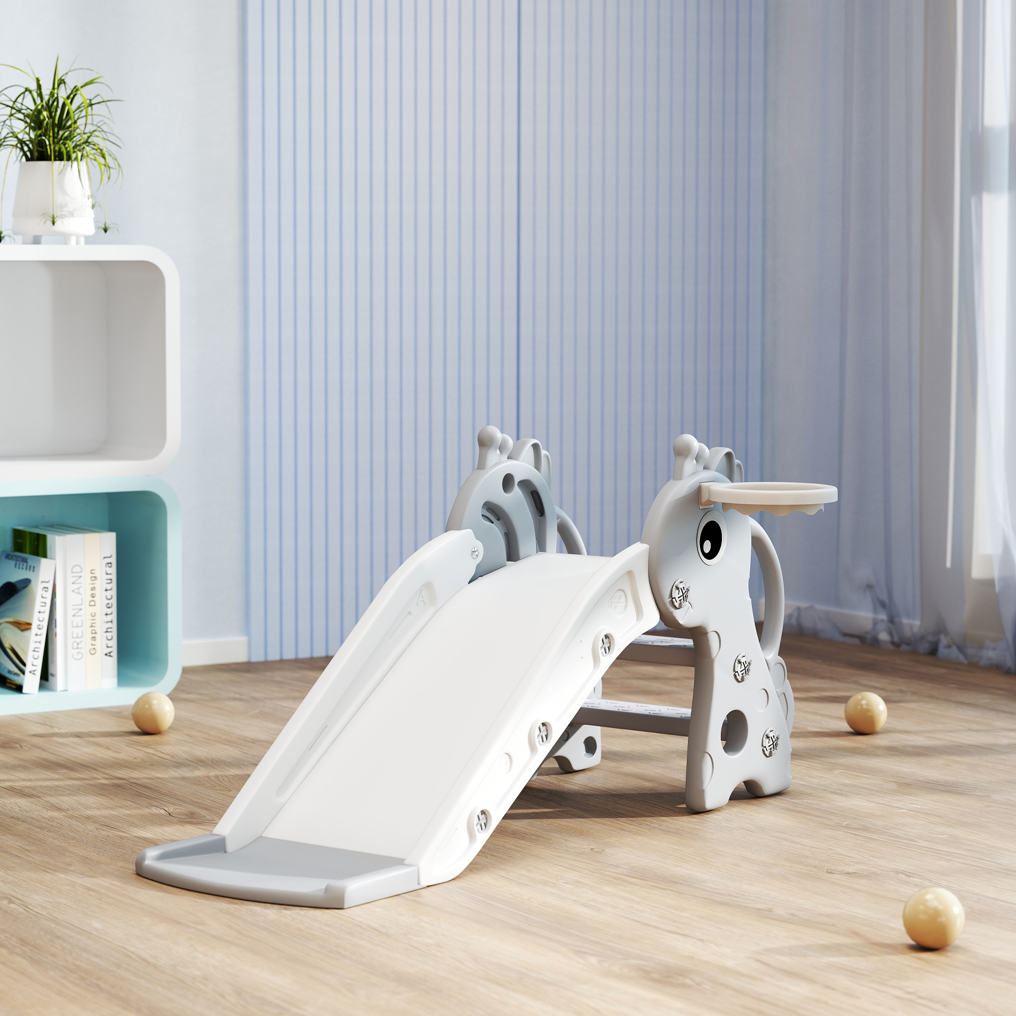 3-in-1 Rutsche für Kinder, Giraffenform, Basketballkorb, Ball, Grau