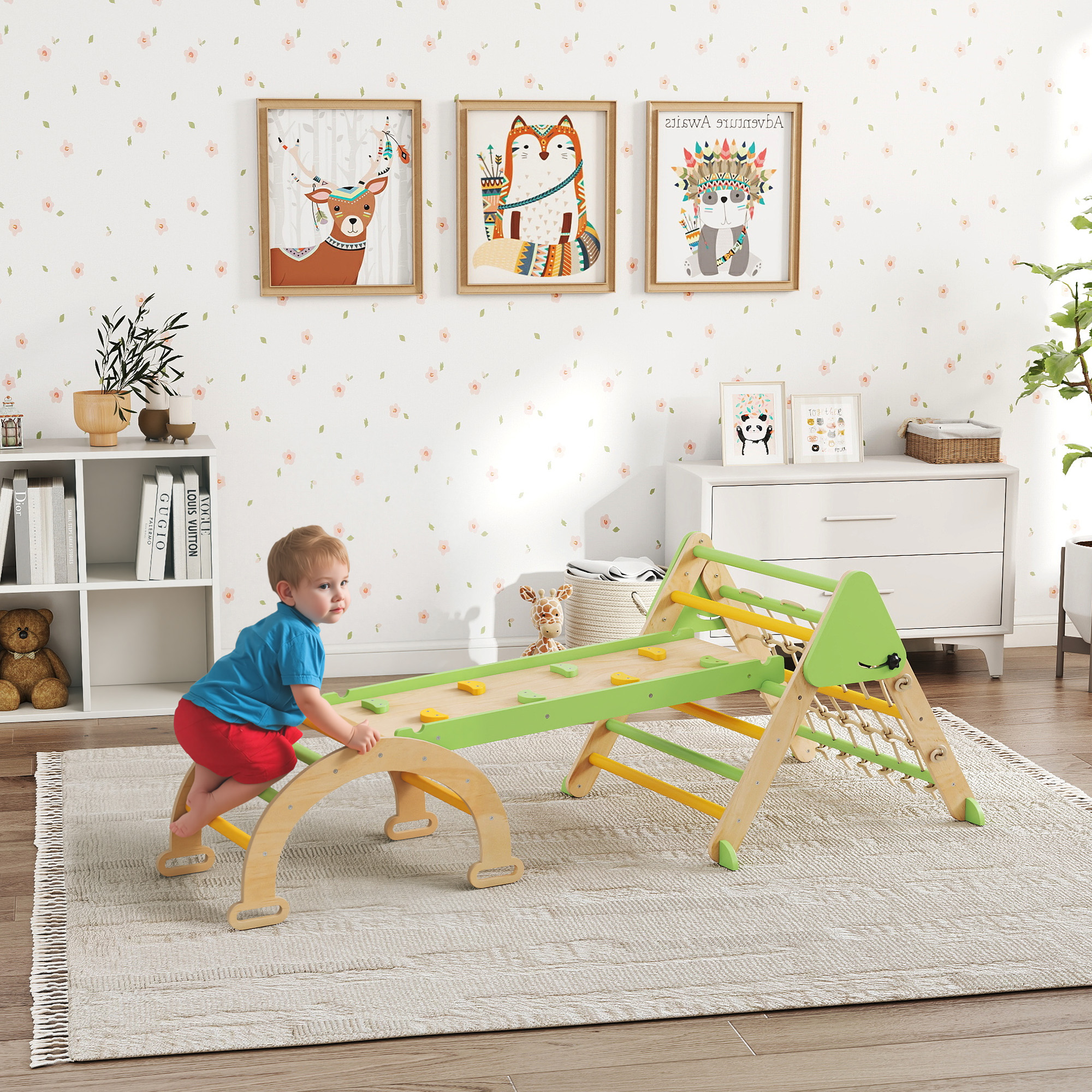8-in-1 Montessori Klettergerüst Indoor Holz Kletterdreieck mit Kletterbogen, doppelseitiger Rutsche, Grün