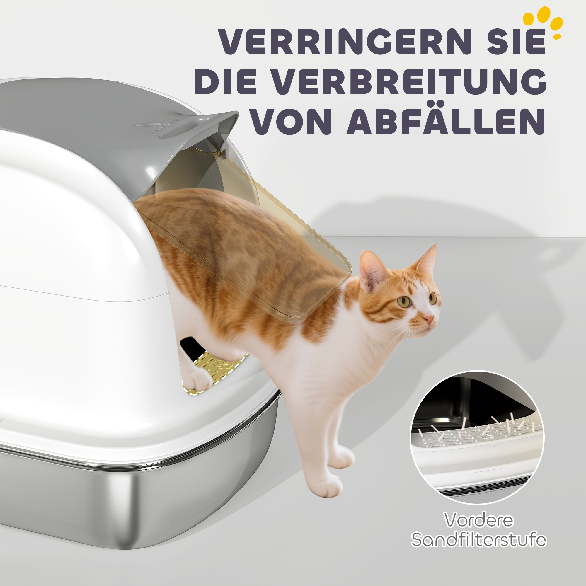 Katzenklo Edelstahl mit Deckel, Katzentoilette mit Wanne, Streuschaufel, für Katze unter 5 kg, 52,4 x 41,3 x 42 cm, Weiß