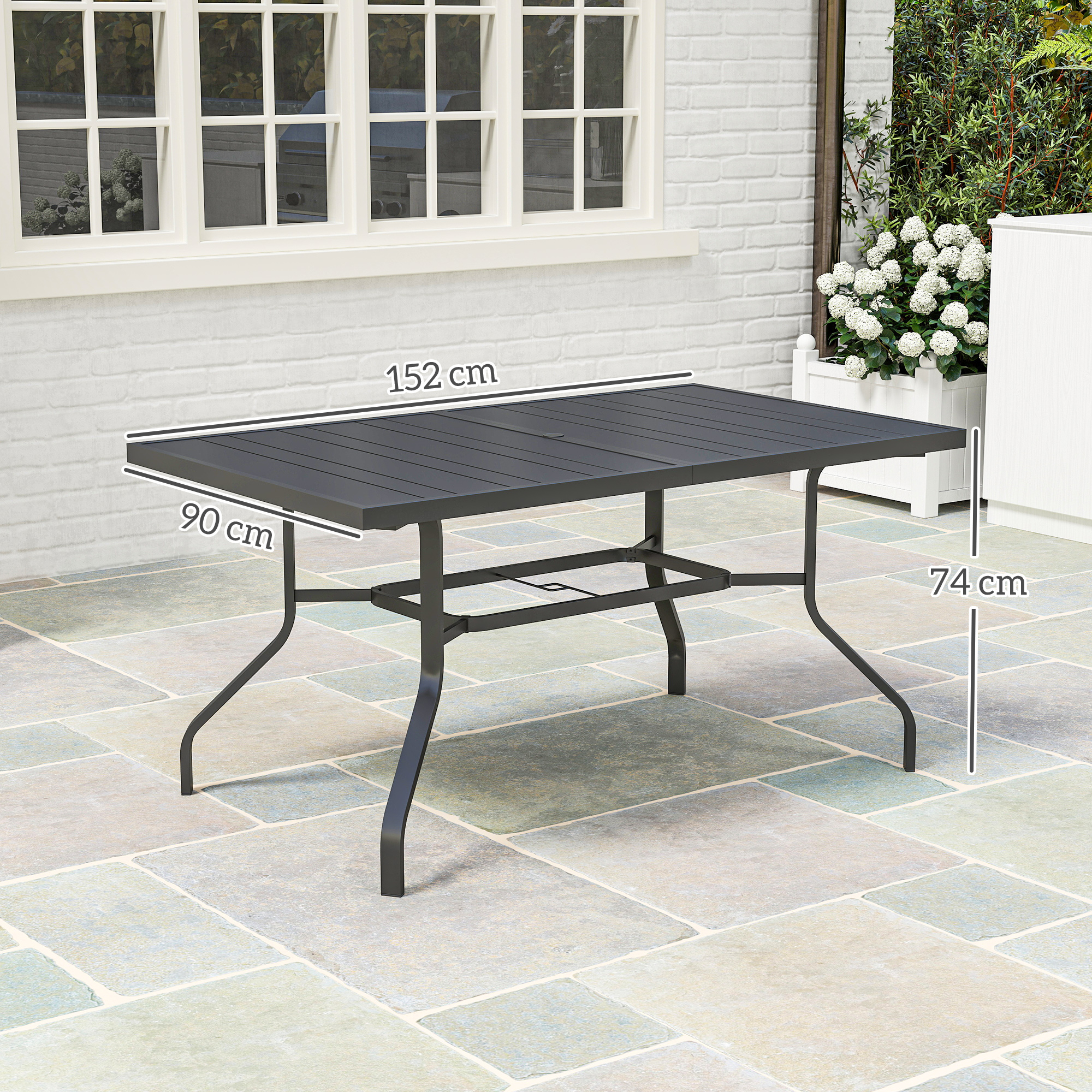 Gartentisch 152x90 cm, Wetterfest Balkontisch aus Stahl, Beistelltisch mit Schirmloch, Latten-Design Schwarz