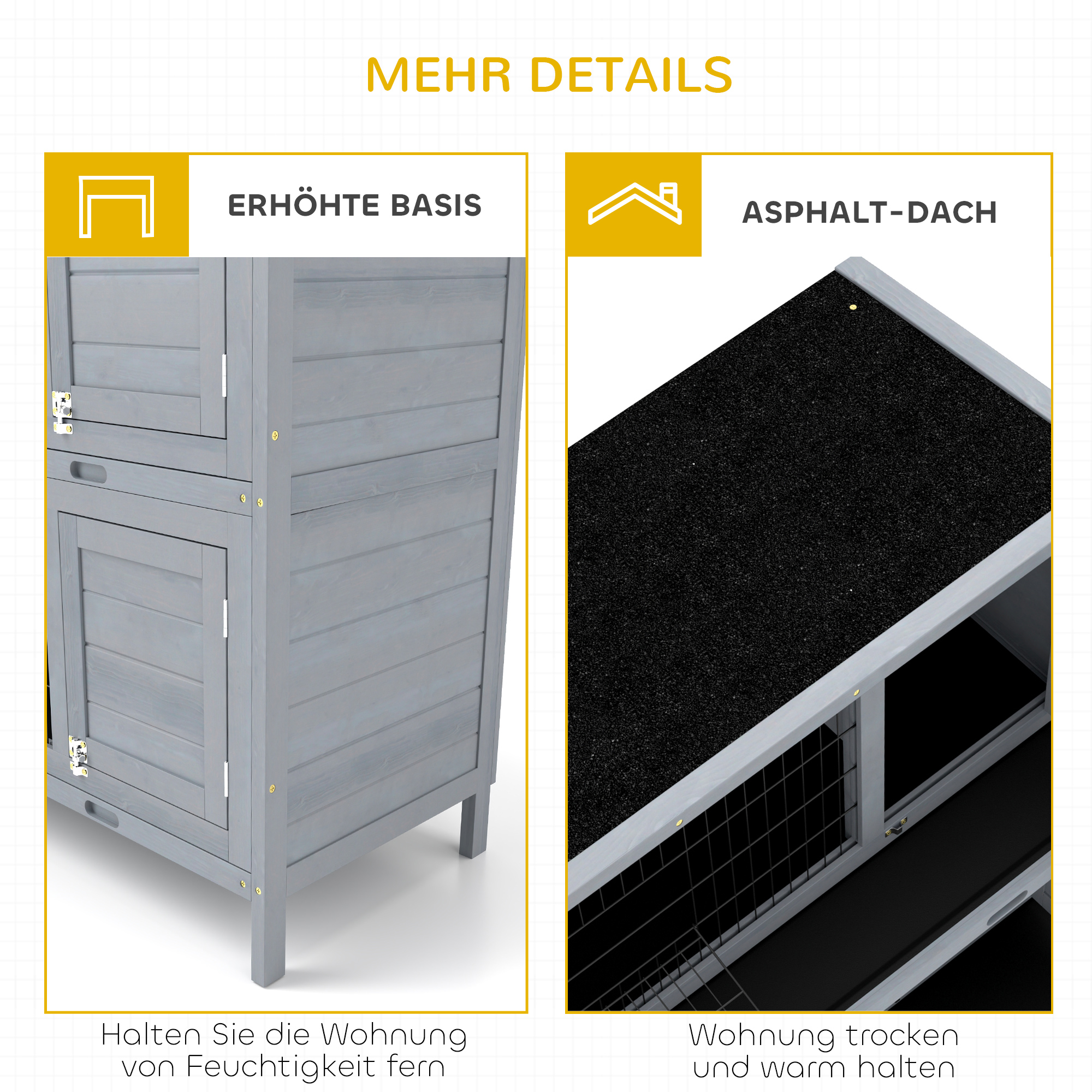 Hasenstall Kaninchenstall aus Holz mit 2 Etagen Asphaltdach Bodenwanne Türen für Kleintiere 136,4 x 50 x 93 cm Grau