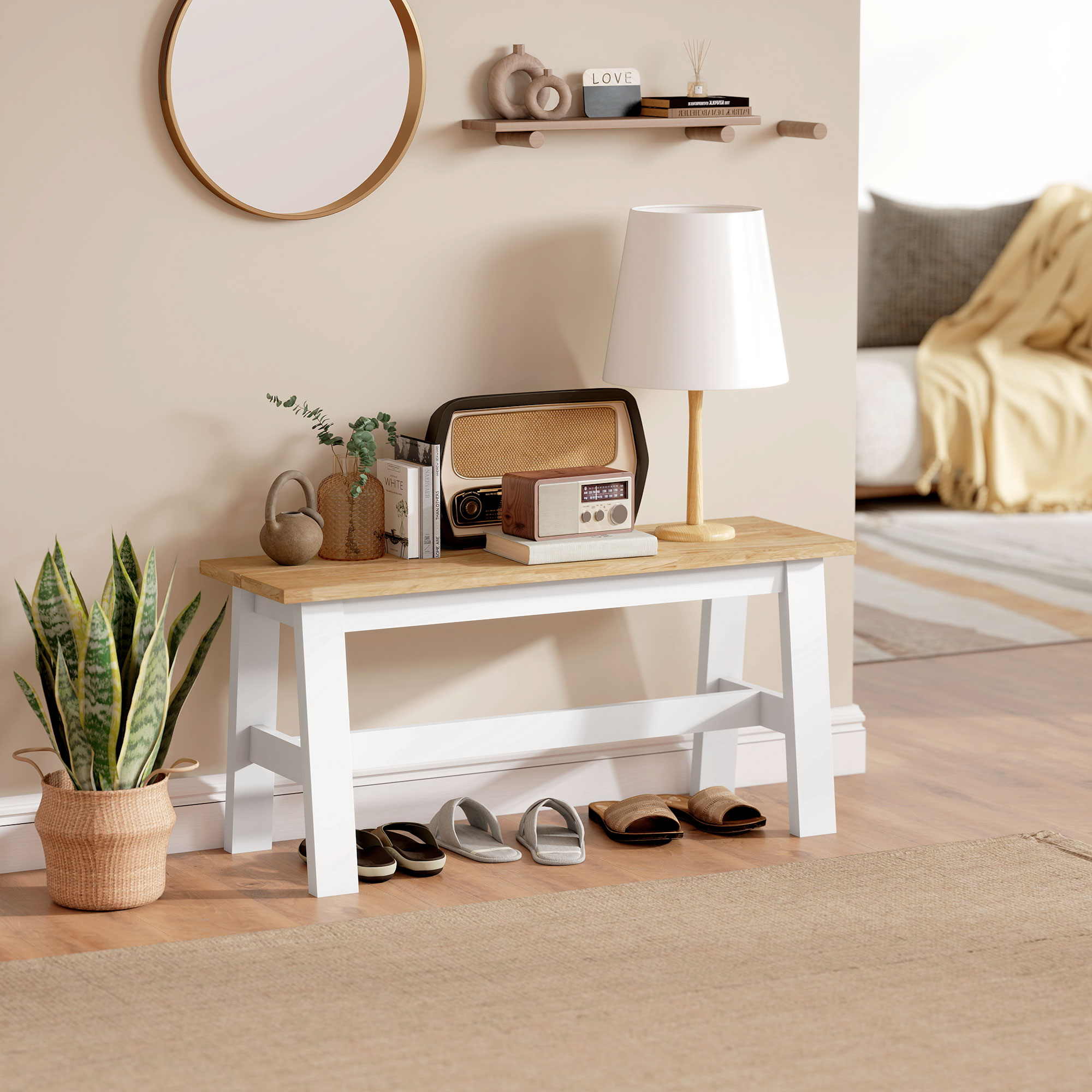 Sitzbank für 2, Holzbank in Eichenoptik, stabilisierende Querstange, für Wohnzimmer, Esszimmer, Flur, Kautschukholz, Weiß