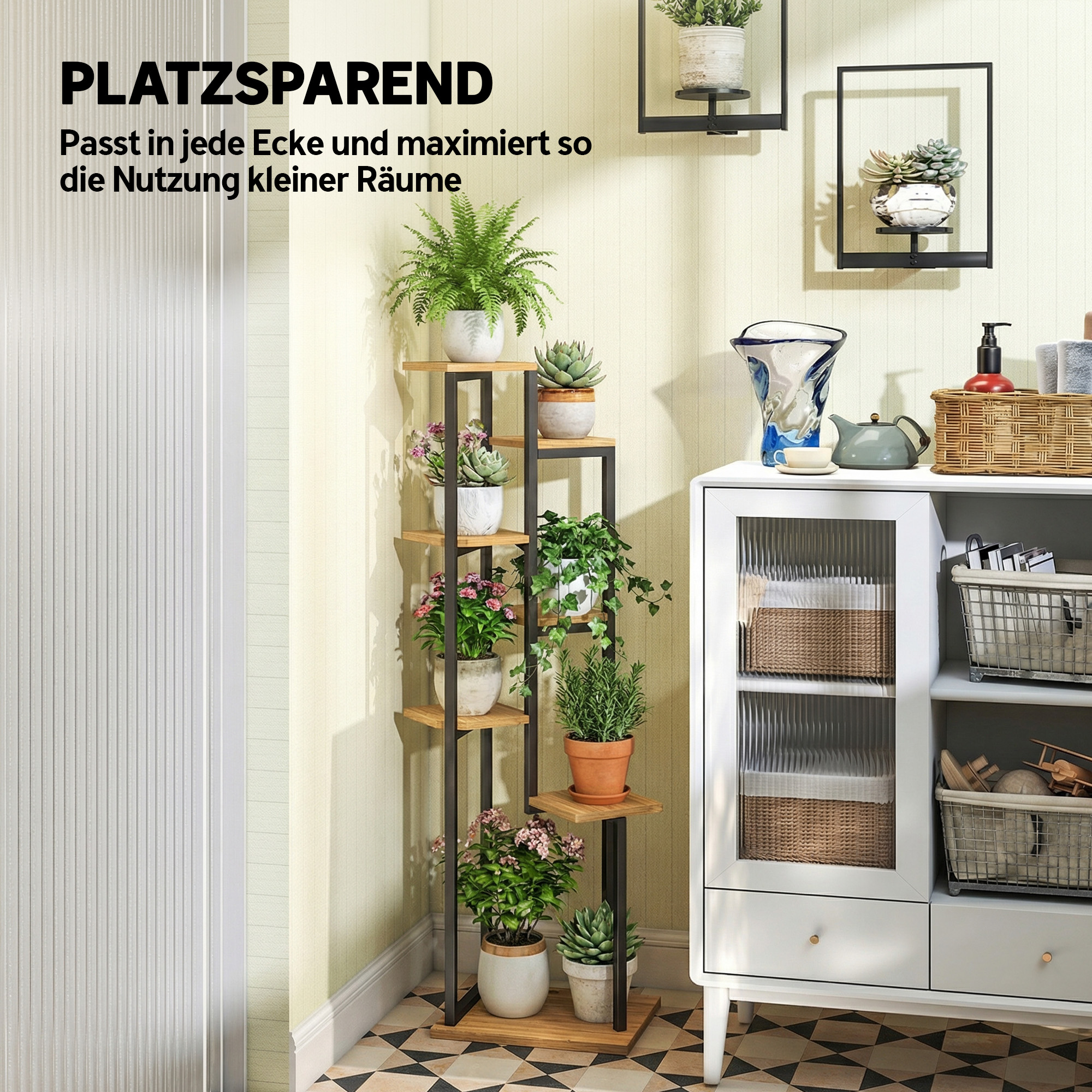 7-Etagen Pflanzenständer, 130 cm hoch Blumenständer, Gestuftes Pflanzenregal aus Holz, mehrstöckig Hellbraun