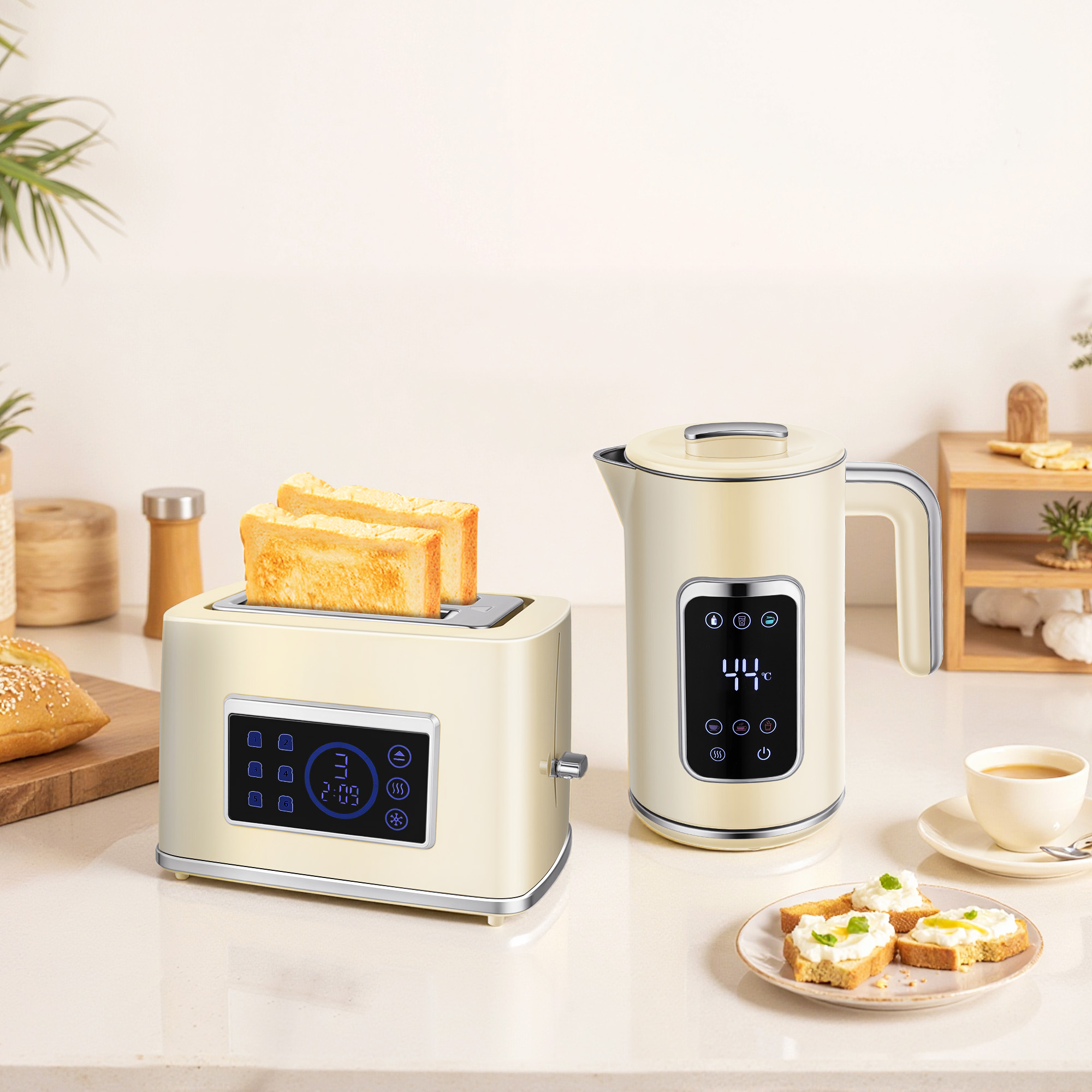 Wasserkocher und Toaster-Set mit LED-Touchscreen, 1,7 L, 2 Toasterschlitze, verschiedene Modi und Funktionen, Cremeweiß