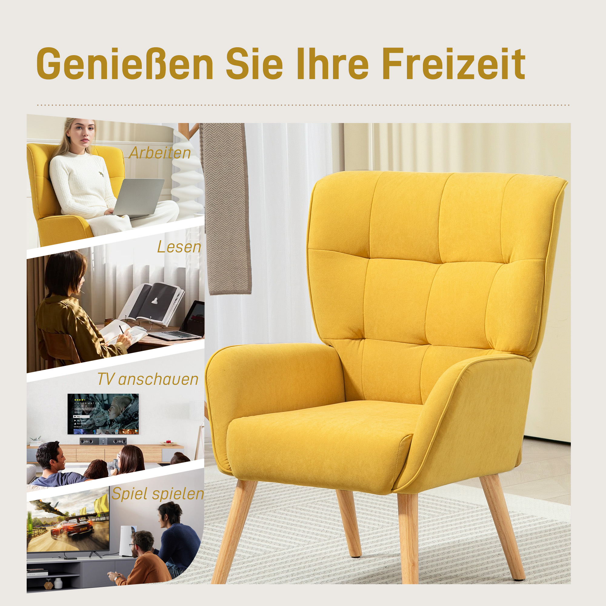 Polstersessel, Wohnzimmersessel mit Steppung, weicher Bezug in Samtoptik, bis 120 kg, Gelb