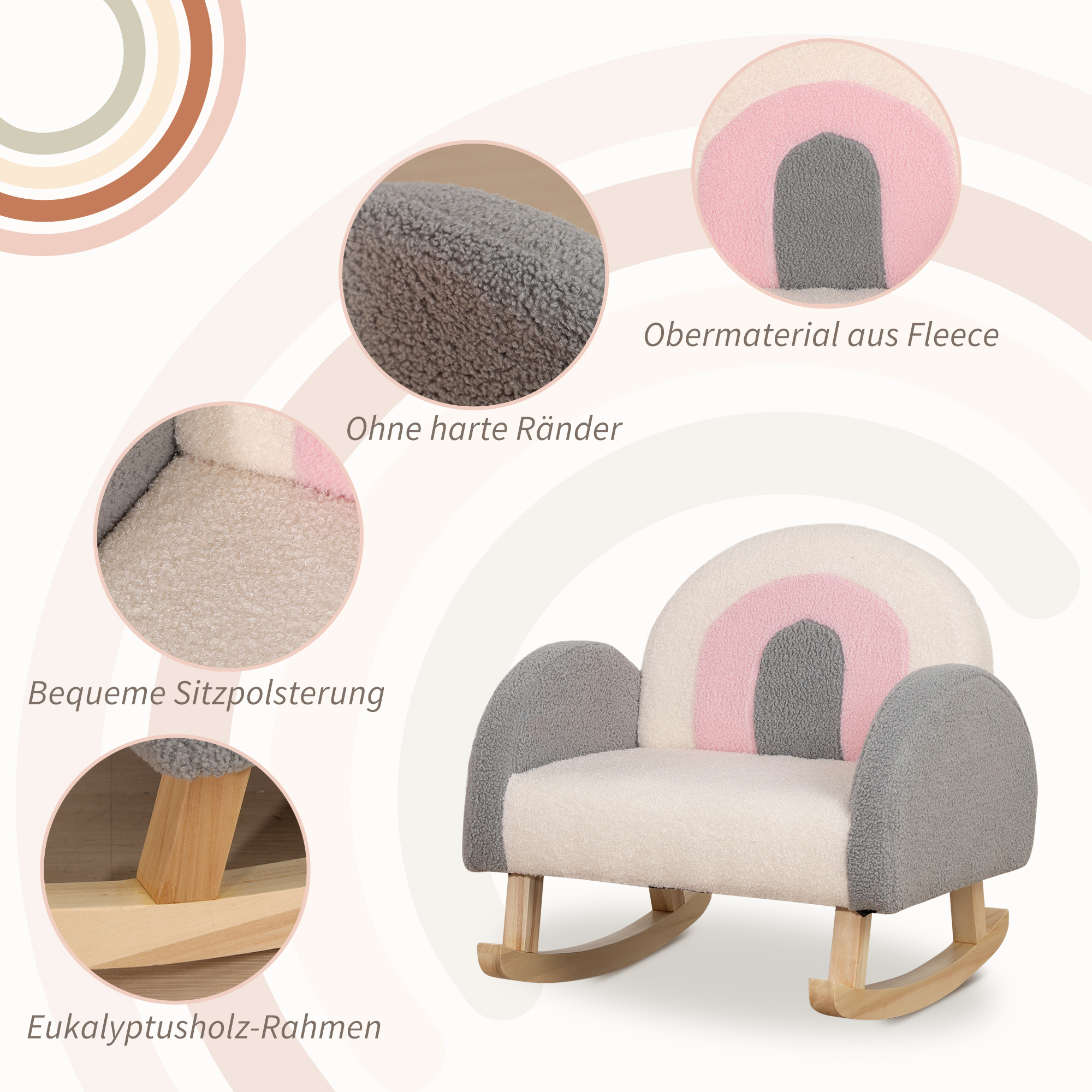 Schaukelstuhl für Kleinkinder, niedliches Design, Schaffell-Imitat, Eukalyptusholz, 50 x 45 x 44cm, grau+rosa+creme