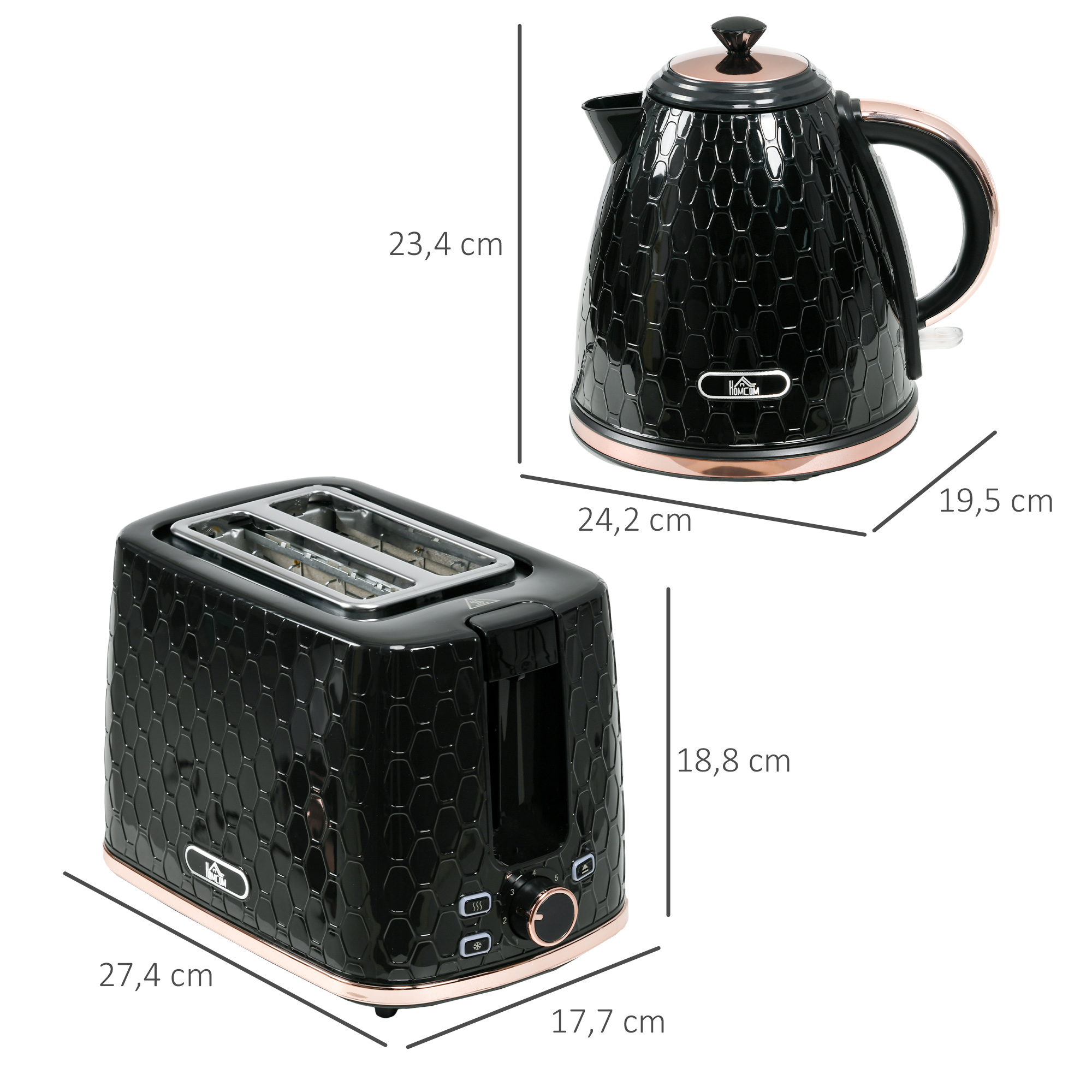 Wasserkocher- und Toaster-Set, 1,7 L, verschiedene Modi, LED-Anzeigen, Schwarz