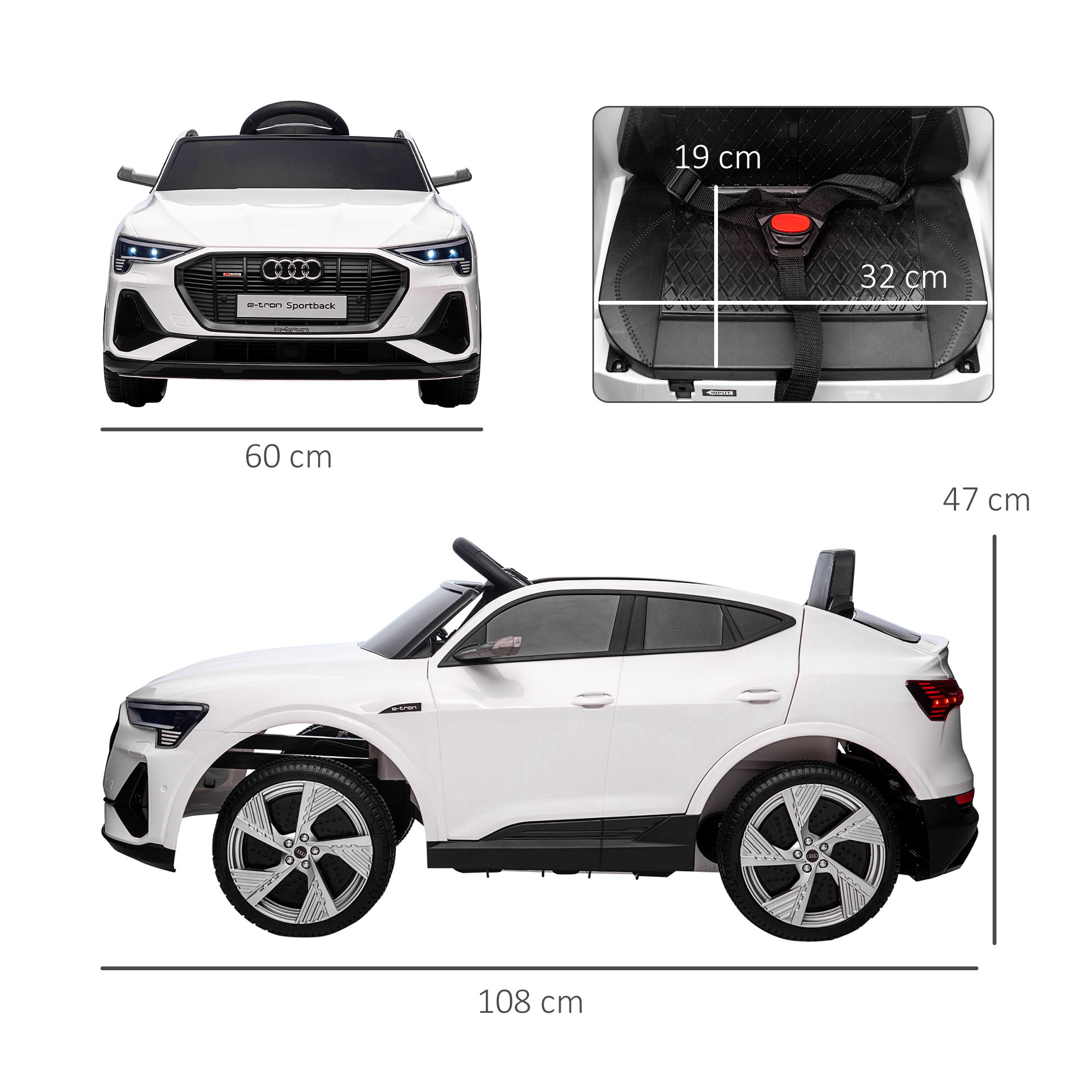 Elektro Kinderauto 12V Elektrofahrzeug Audi E-tron Elektroauto mit Fernbedienung, Sicherheitsgurt, Musik (MP3/USB/TF), Kinderfahrzeug für Kinder 3-5 Jahre, 3-5 km/h, Weiß