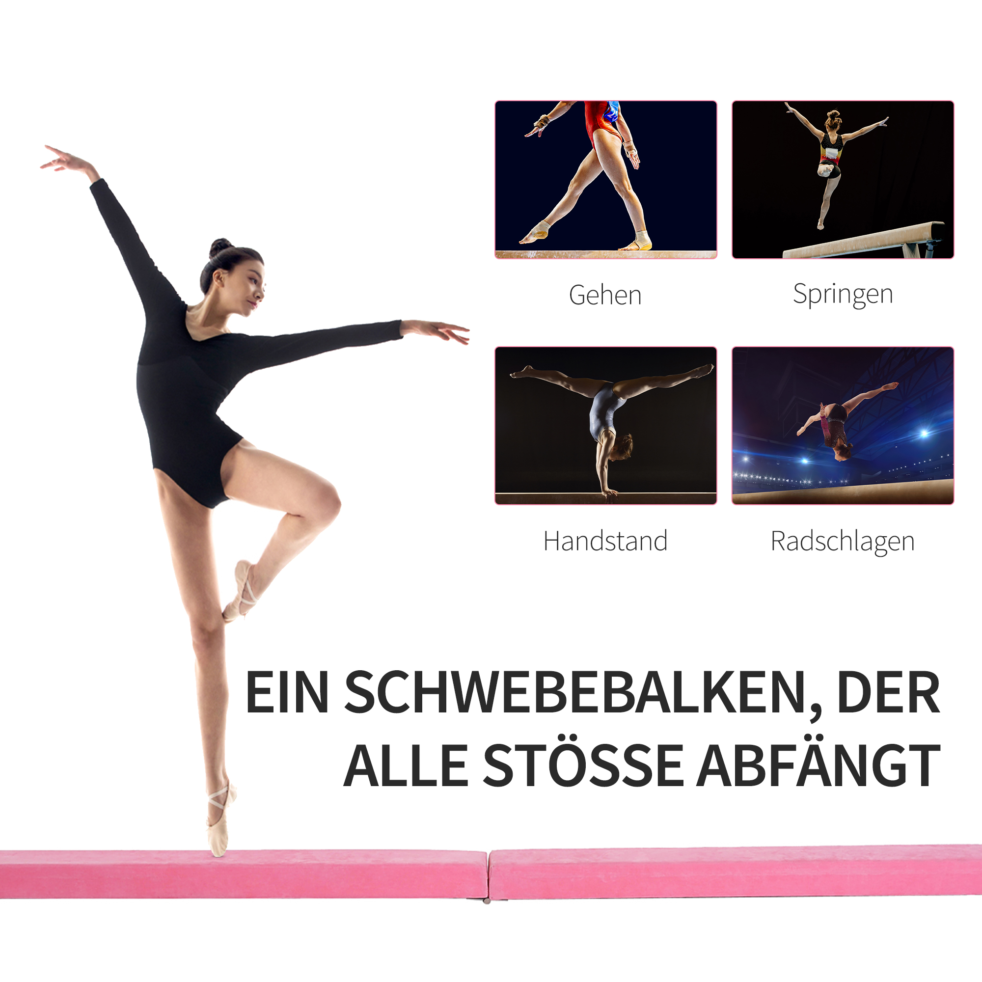 Faltbarer Schwebebalken, rutschfest, Wildlederbezug, robustes Holz, 210 x 10 x 6,5 cm, Rosa