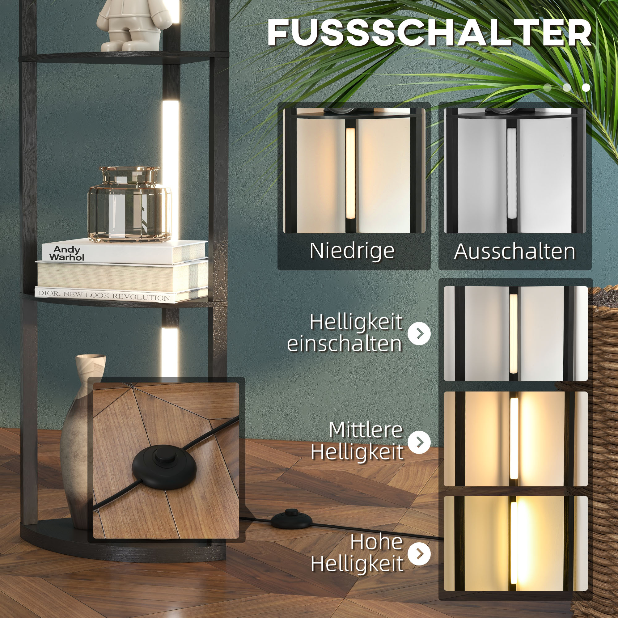 LED Standleuchte, Eckregal, dimmbar, 4 Ablagen, warmweißes Licht, 41x30x164cm, Schwarz