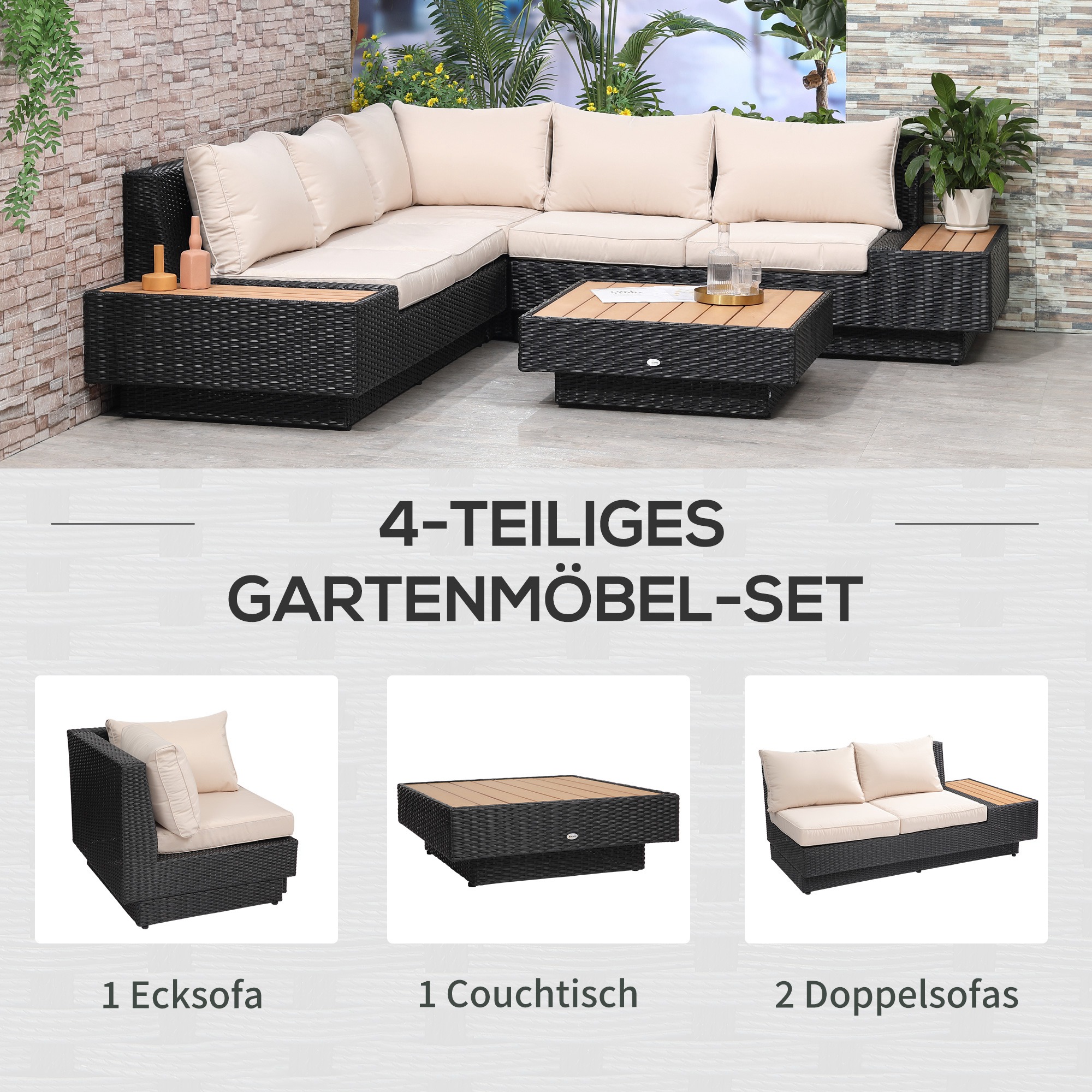 4-tlg. Luxus Polyrattan Gartengarnitur Gartenmöbel Garten-Set Sitzgruppe Loungeset Loungemöbel inkl. Ablagen und Beistelltisch Sitzkissen Schwarz