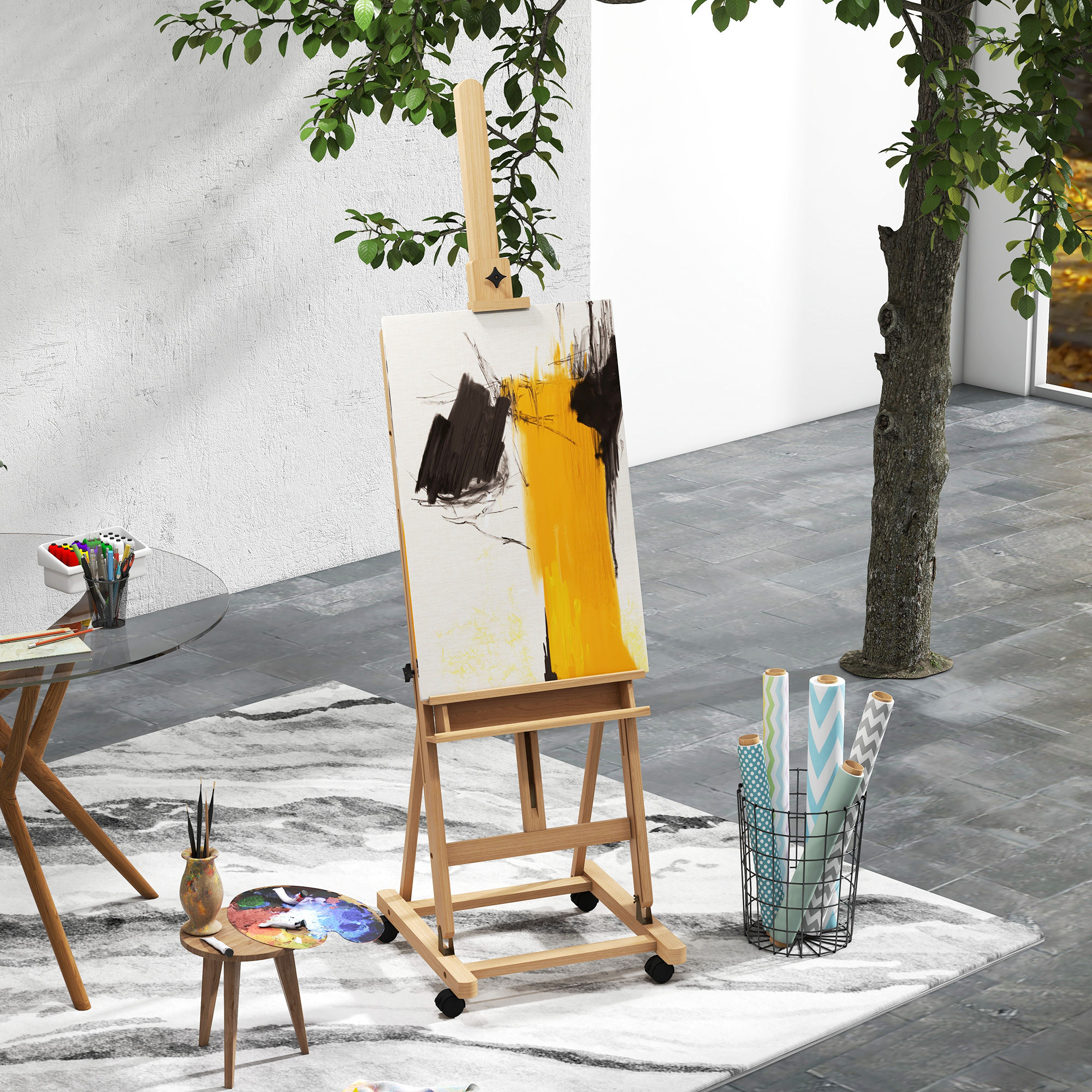 Staffelei, Künstlerstaffelei, Höhenverstellbar, 4 Rollen, Natur + Schwarz