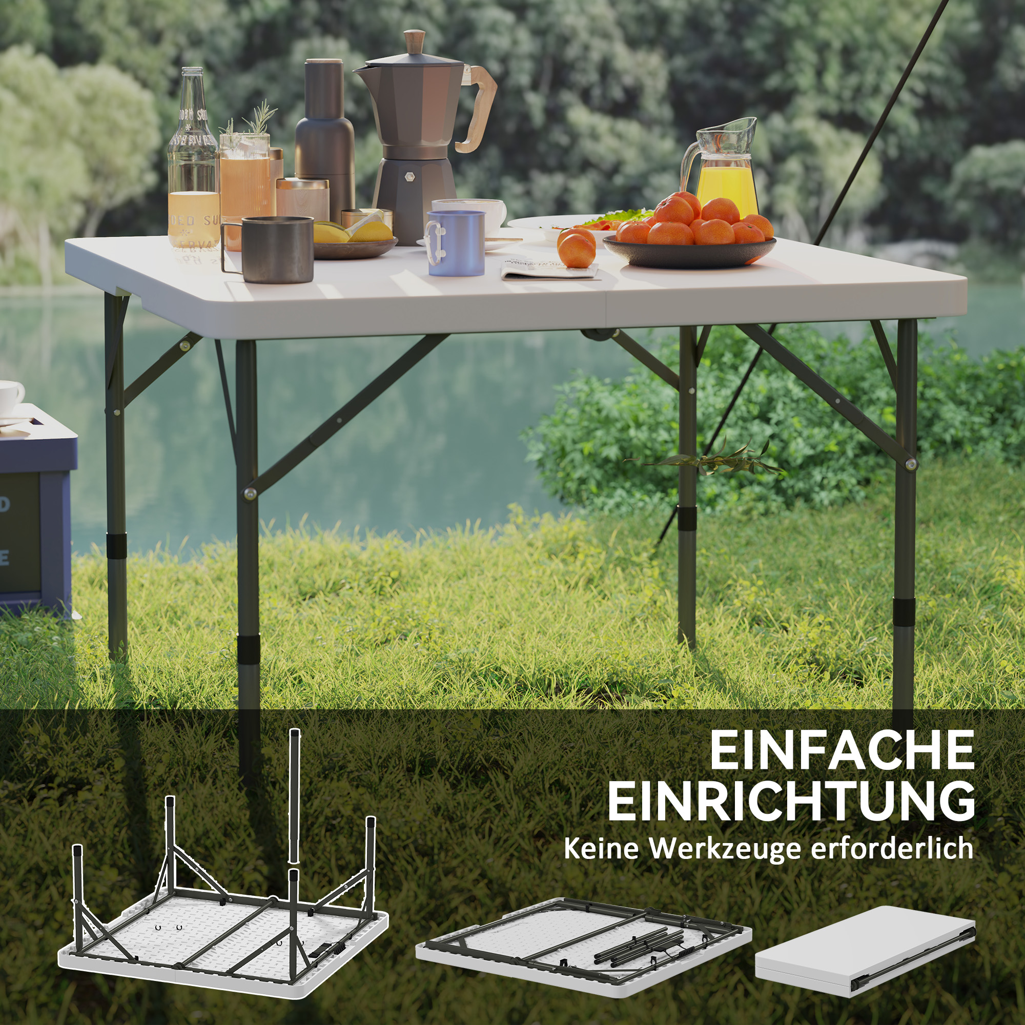 Picknicktisch, Klappbarer Campingtisch, in zwei Höhen einstellbar, für Gartenpartys, Camping, Kunststoff, Metall, Weiß