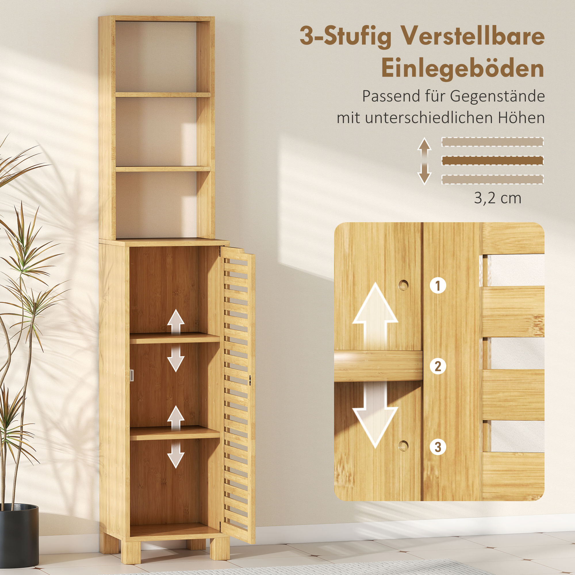Badezimmerschrank schmal, Hochschrank mit 3 offenen Regalen, verstellbaren Regalen, Lamellentür, 34 x 30 x 170 cm Natur