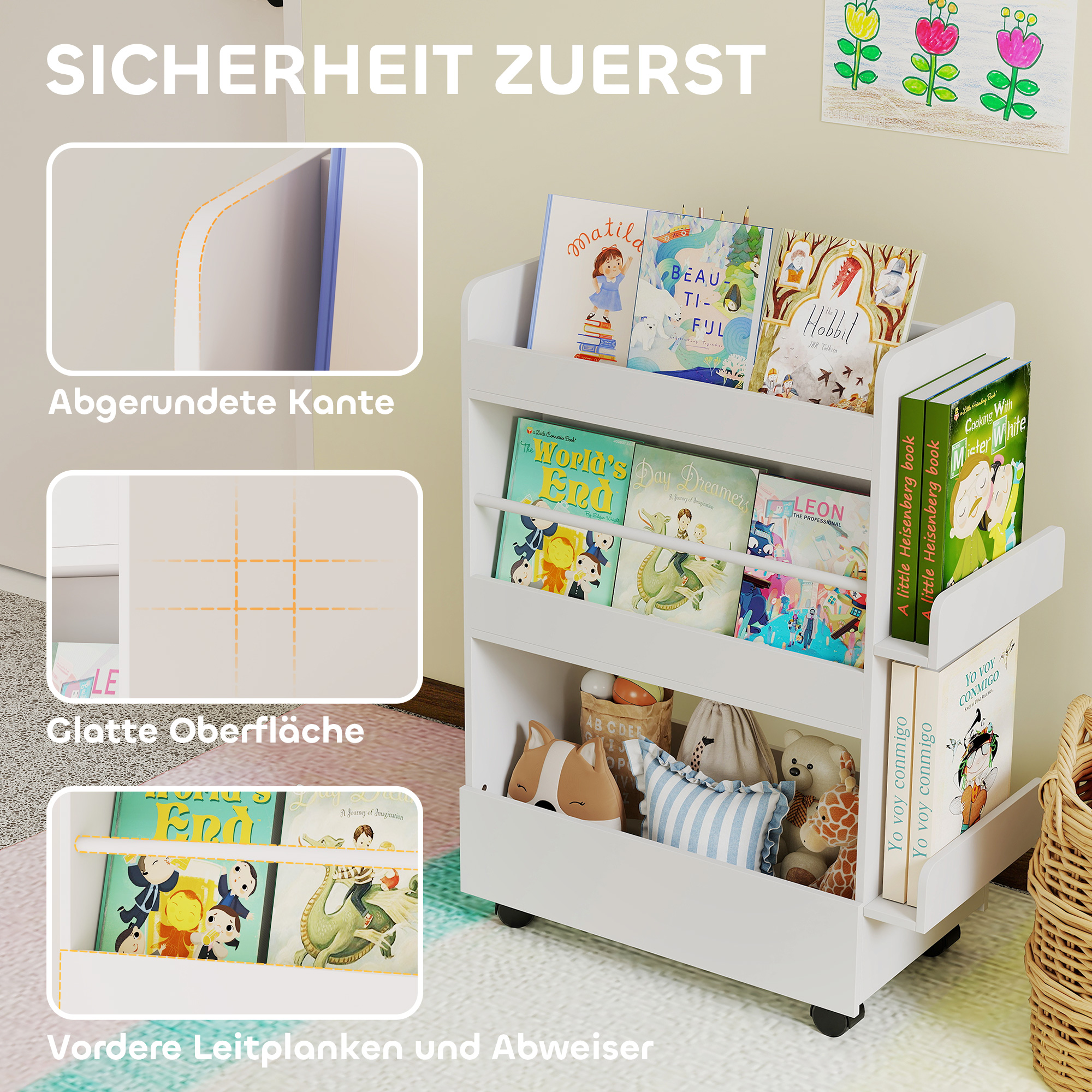 Kinder Bücherregal mit 4 Regalen, Bodenfach, 2 Seitenteile, Tafel, Rollen, für 3-8 Jahre, 66,5x32,5x86,5 cm Weiß
