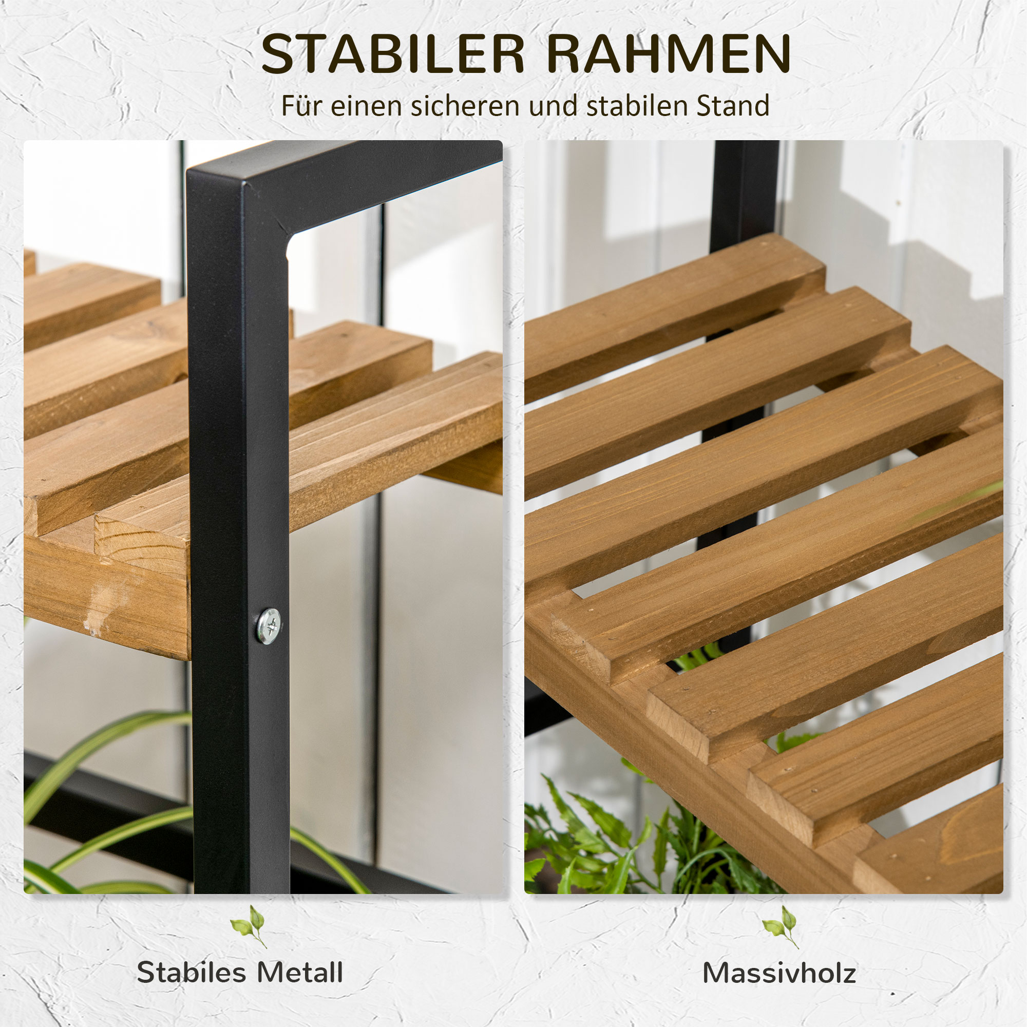 Pflanzenregal mit 3 Ebenen und Befestigungshaken, Blumentreppe aus Naturholz, 80 cm x 36 cm x 174 cm, Natur