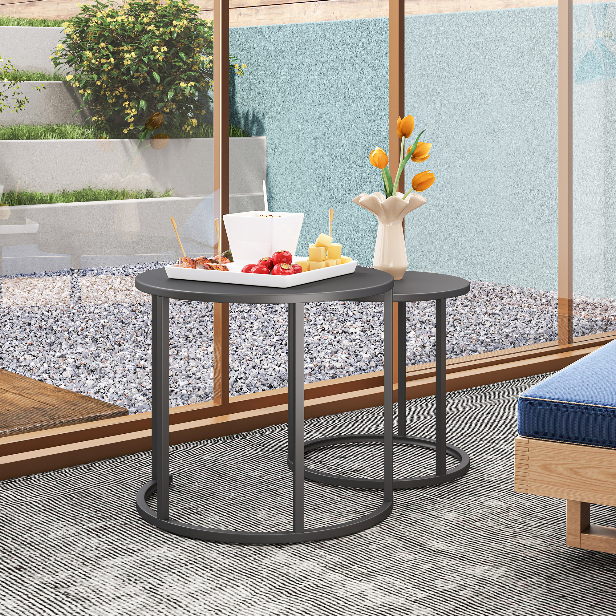 2er Set Beistelltisch Stapelbar Gartentisch Rund wetterfest Balkontisch aus Stahl platzsparend Dunkelgrau