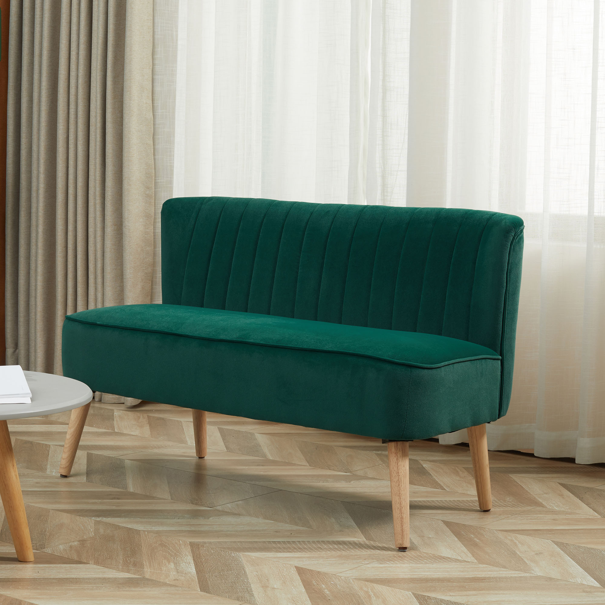 Sofa Retrodesign 2-Sitzer-Sofa, Holzbeine, 117 cm x 56,5 cm x 77 cm, Dunkelgrün