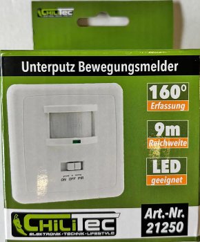Unterputz PIR-Bewegungsmelder 160°, LED geeignet, 3-Draht Technik, weiß