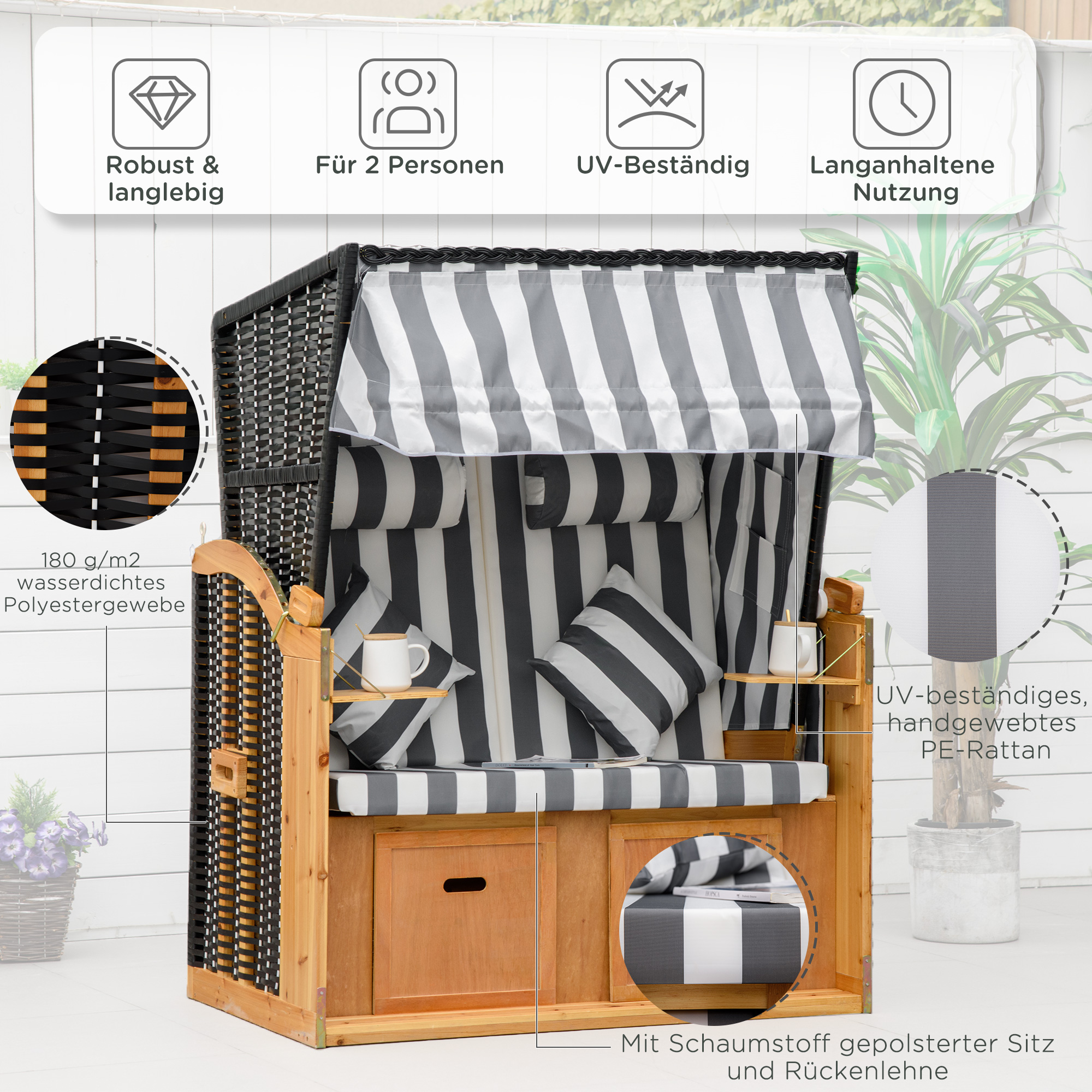 Strandkorb mit Fußstützen, Klapptisch und Nackenrollen, Outdoormöbel, Natur + Grau + Weiß