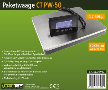Paketwaage / Versandwaage "CT PW-50", 0,1-50kg, ±10g, 30x25cm Edelstahl-Platte