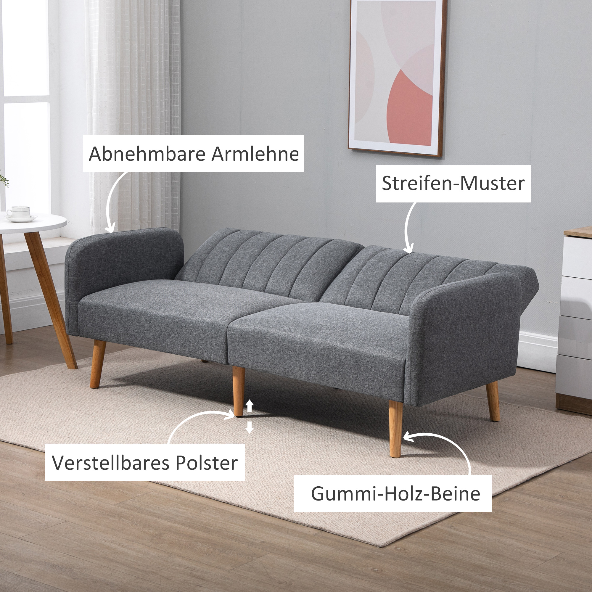 Schlafsofa, 2-Sitzer Stoffsofa, Sofa mit Schlaffunktion, leinenartiges Polyester, Kautschukholz, 173 x 75 x 73 cm, Grau