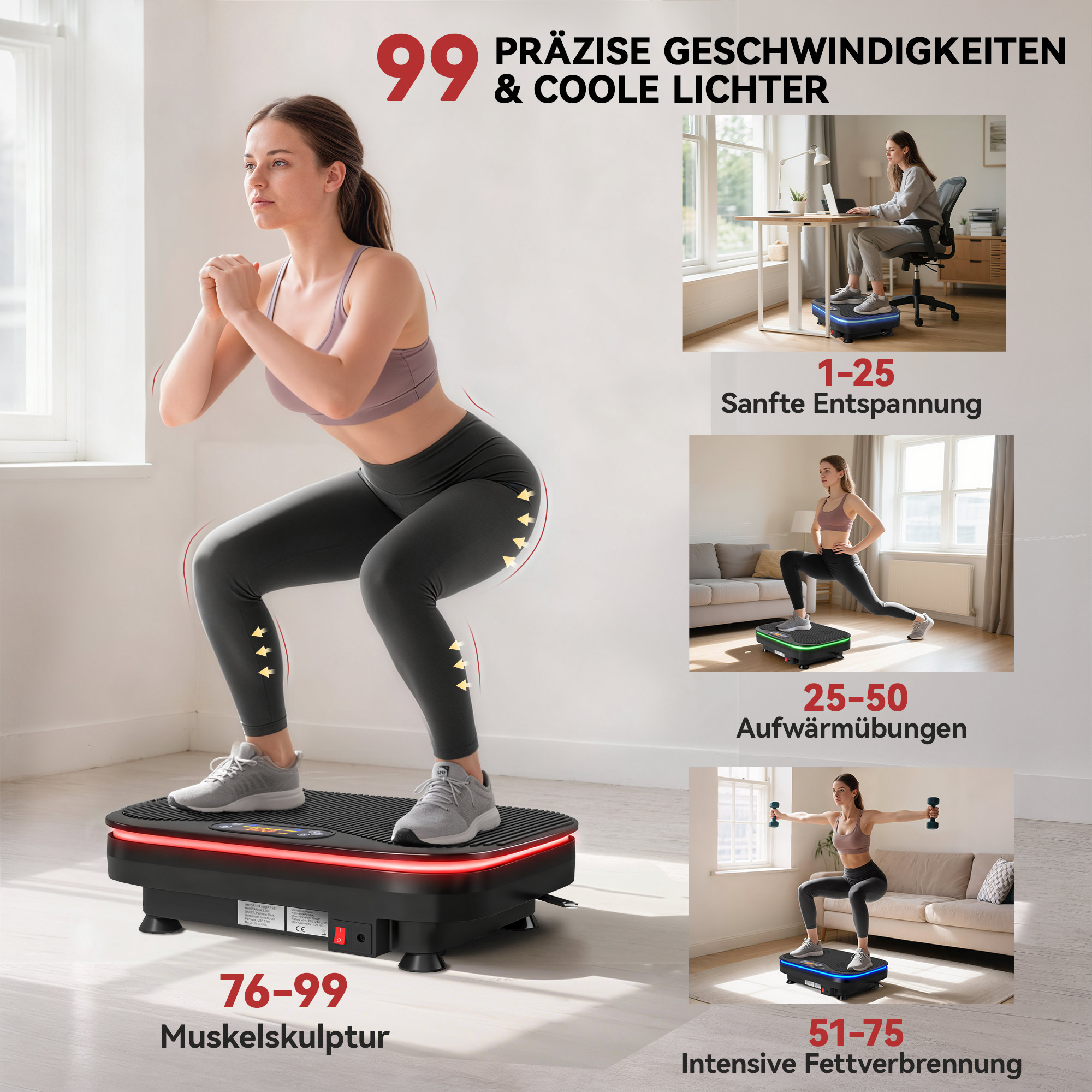 Vibrationsplatte für Fitnessübungen, Bluetooth-Funktion, Fernbedienung, 99 Geschwindigkeitsstufen, Kunststoff, Stahl, Schwarz
