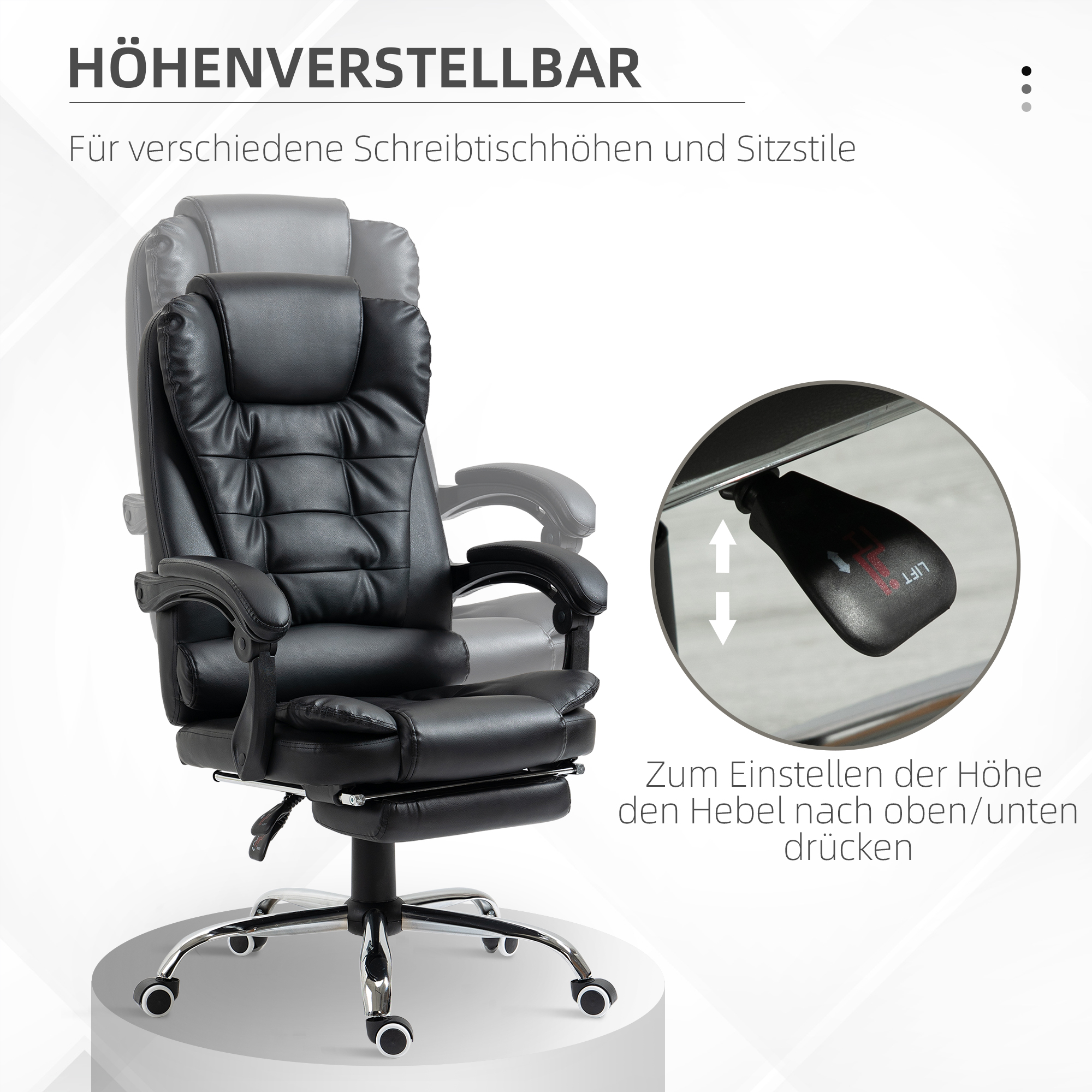 Bürostuhl mit Fußstütze, Schreibtischstuhl, verstellbare Rückenlehne, höhenverstellbar, Schwarz