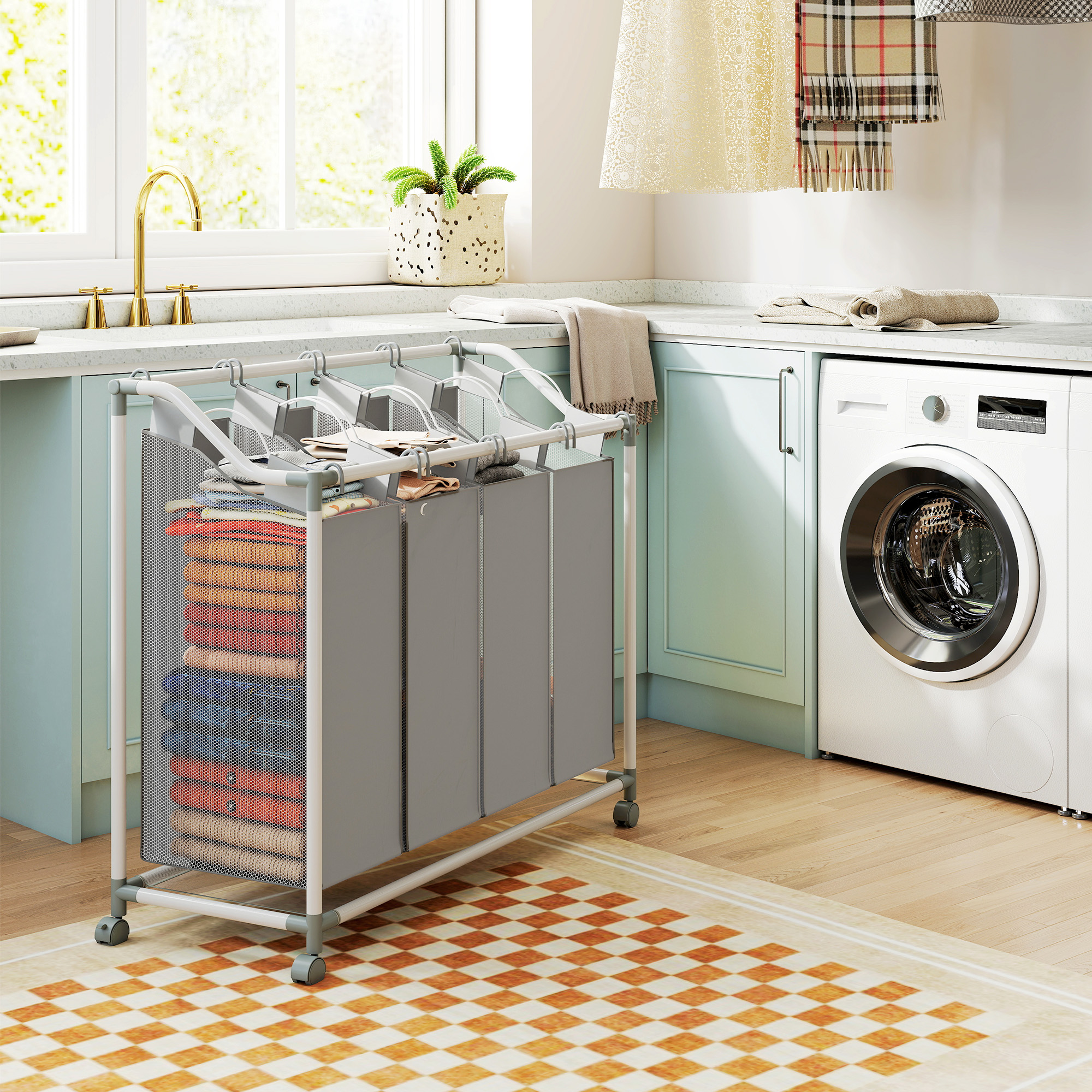 Wäschekorb mit 4 Fächer 160 L Wäschesammler mit Rädern, herausnehmbarer Wäschesack, 97 x 38 x 81 cm, Grau