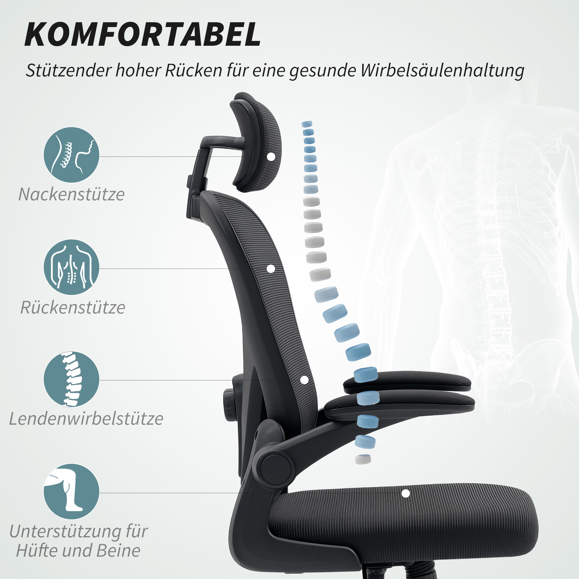Bürostuhl Ergonomischer Schreibtischstuhl mit Hochklappbaren Armlehnen, Verstellbarer Lendenwirbelstütze Schwarz