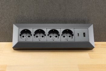 4-fach Steckdosenblock, USB-A+C, anthraz, 250V~/ 16A, Aufbaumontage, USB 3,1A, PD