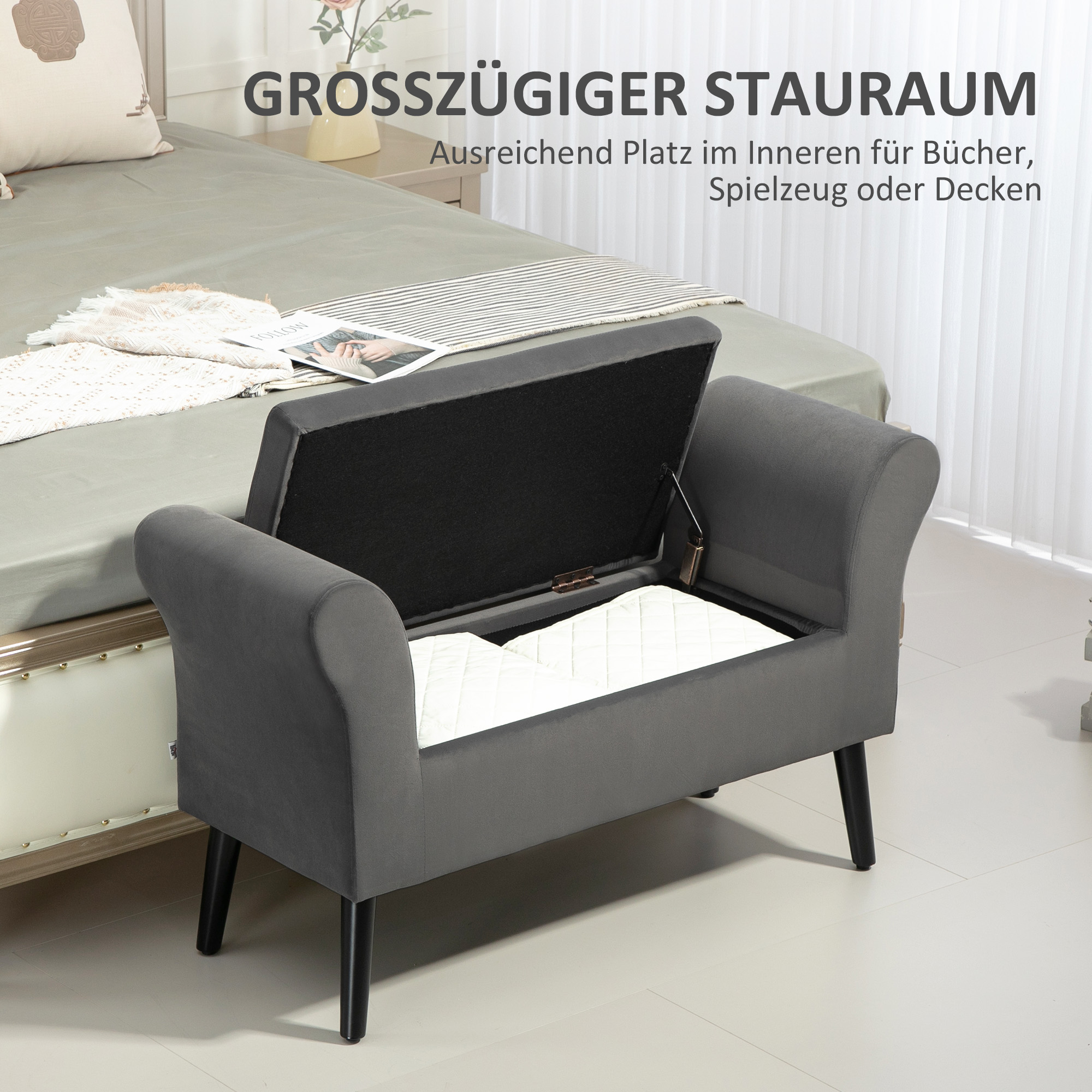Polsterbank mit Stauraum, Truhenbank mit Armlehnen, 46 cm Sitzhöhe, samtartiges Polyester, 111,5 x 41 x 65 cm, Dunkelgrau