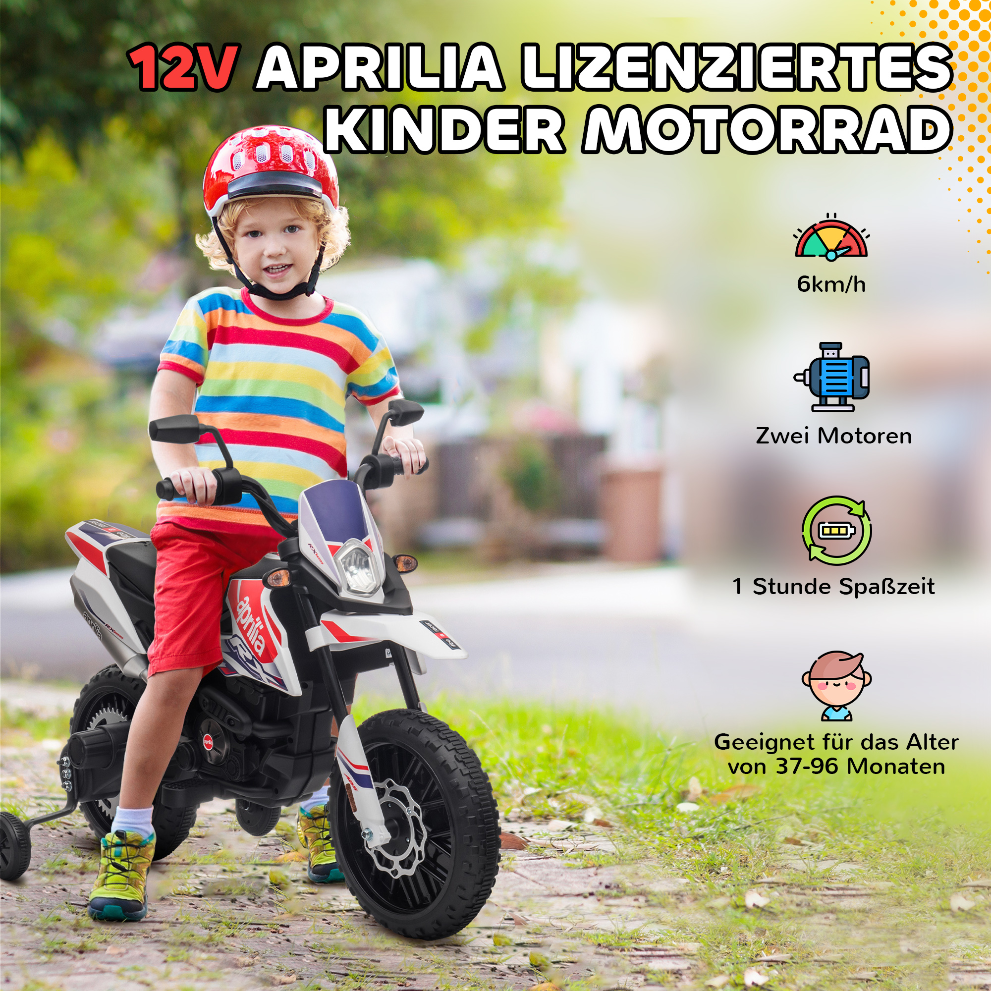 12V Kinder-Motorrad mit Stützrädern, LED-Lichtern, Musik, USB, Elektro-Motorrad für Jungen und Mädchen, Weiß