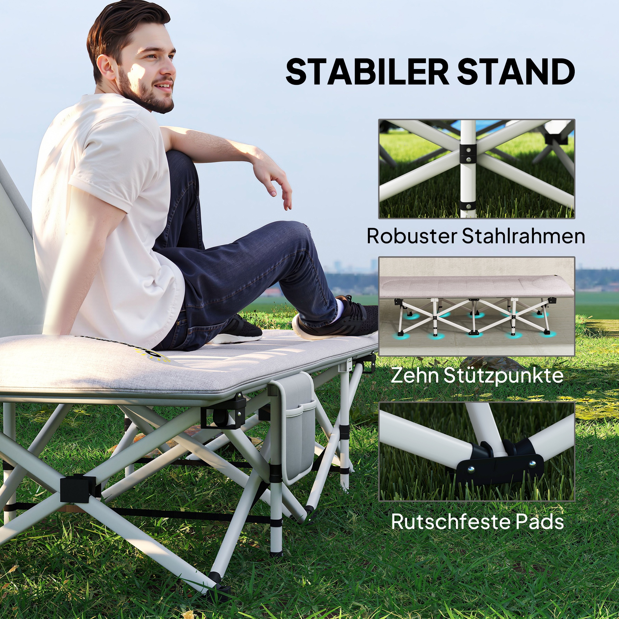 Feldbett, Campingbett, klappbar, weich, bis 200 kg, rostfreies Metallgestell, 200x65x42cm, Grau