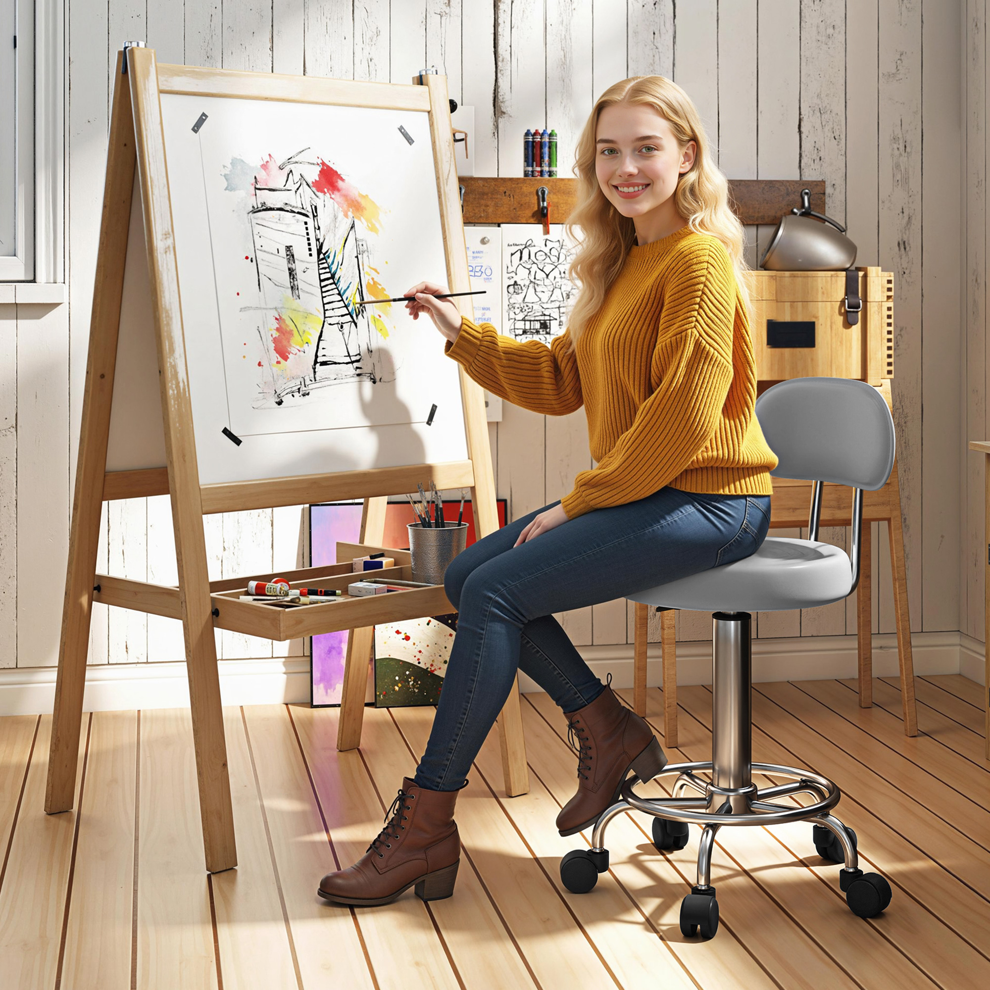 Rollhocker, Drehbarer und verstellbarer Hocker mit Rückenlehne, Kunstlederbezug, Fußstütze, für Frisiertische, Grau