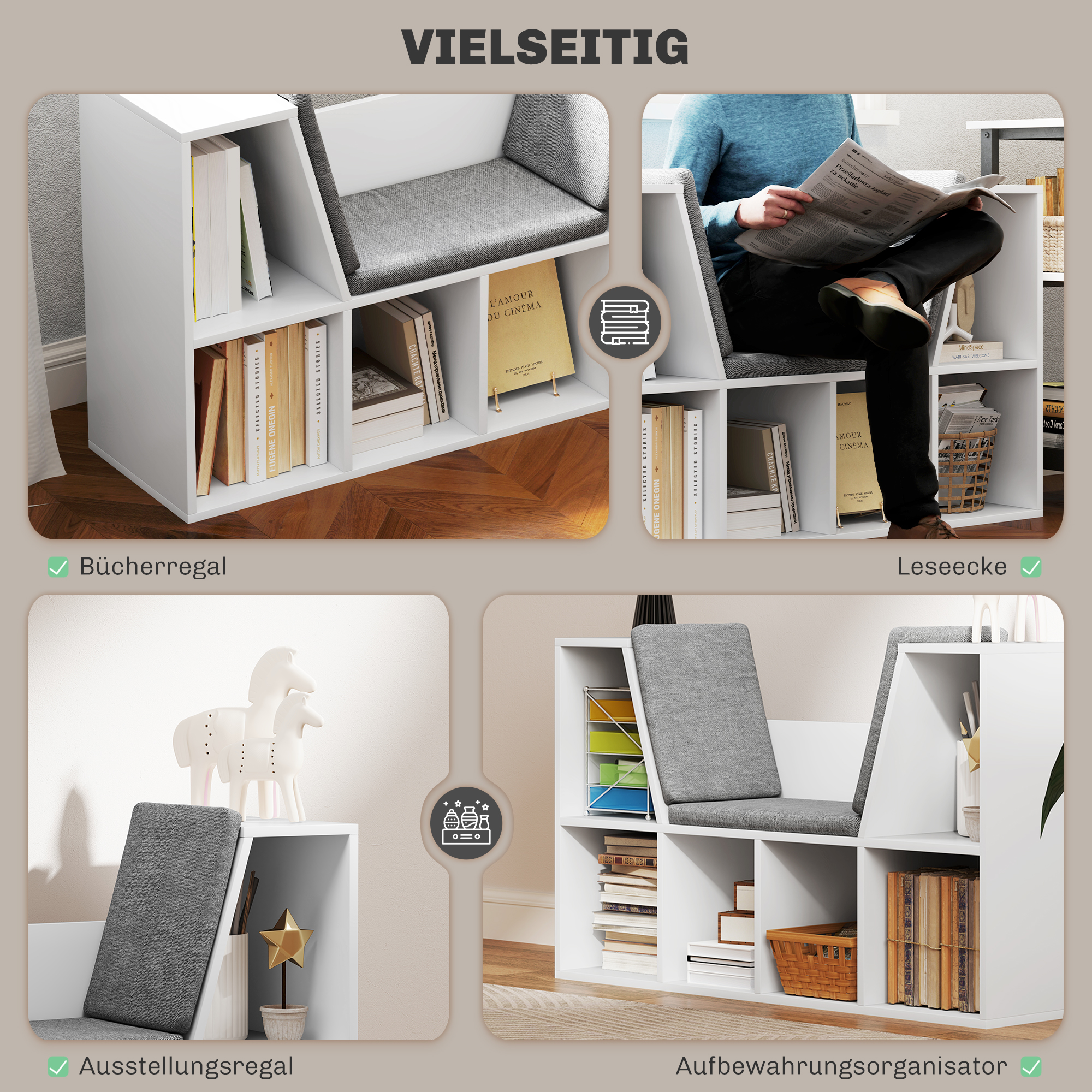 Bücherregal mit Sitzfläche, 6 Fächer, gepolstert, 105 x 30 x 63 cm, Weiß